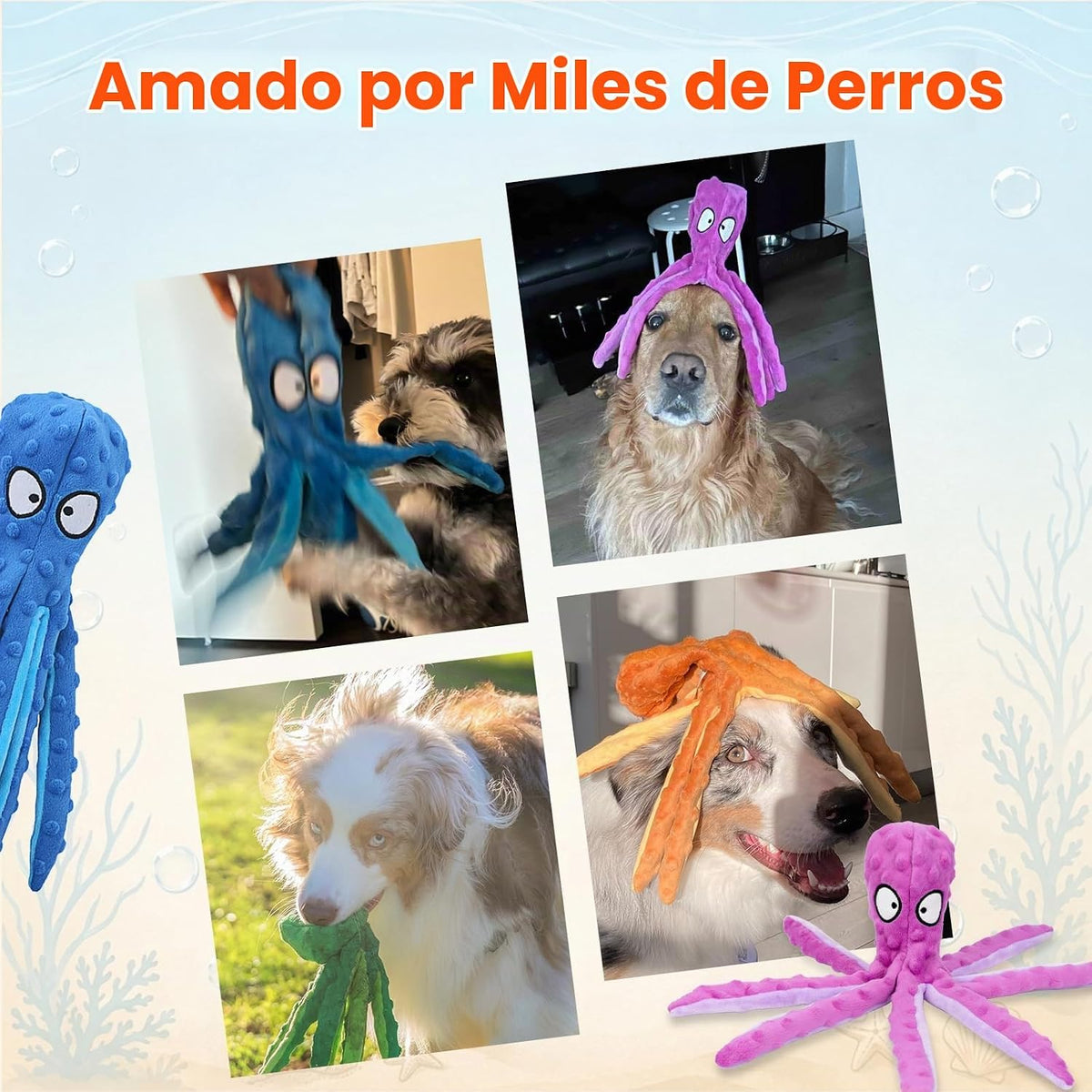HGB Juguetes chirriantes para perros, sin relleno, pulpo arrugado p...