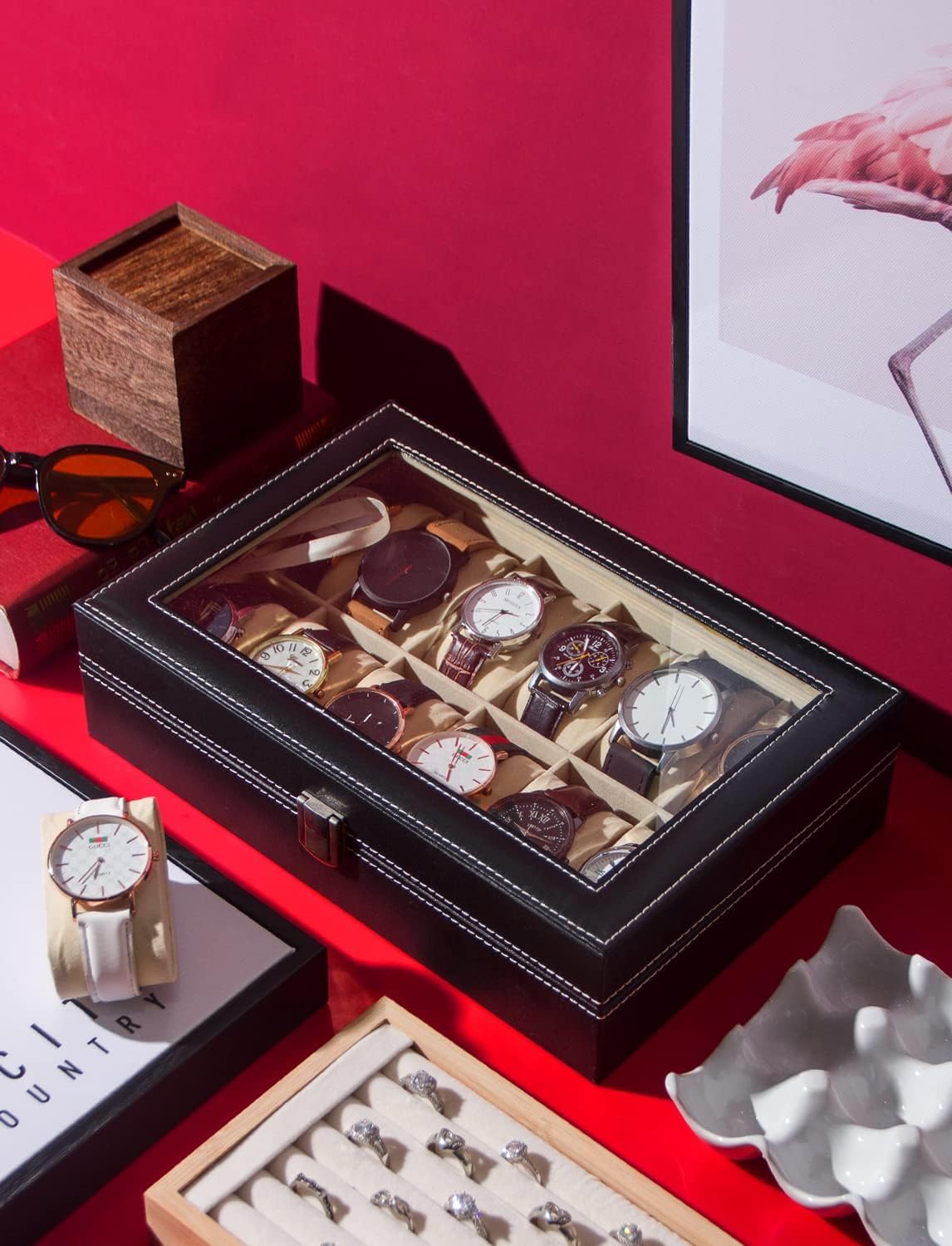 Ausalivan Vitrina de relojes para hombres, caja organizadora de rel...