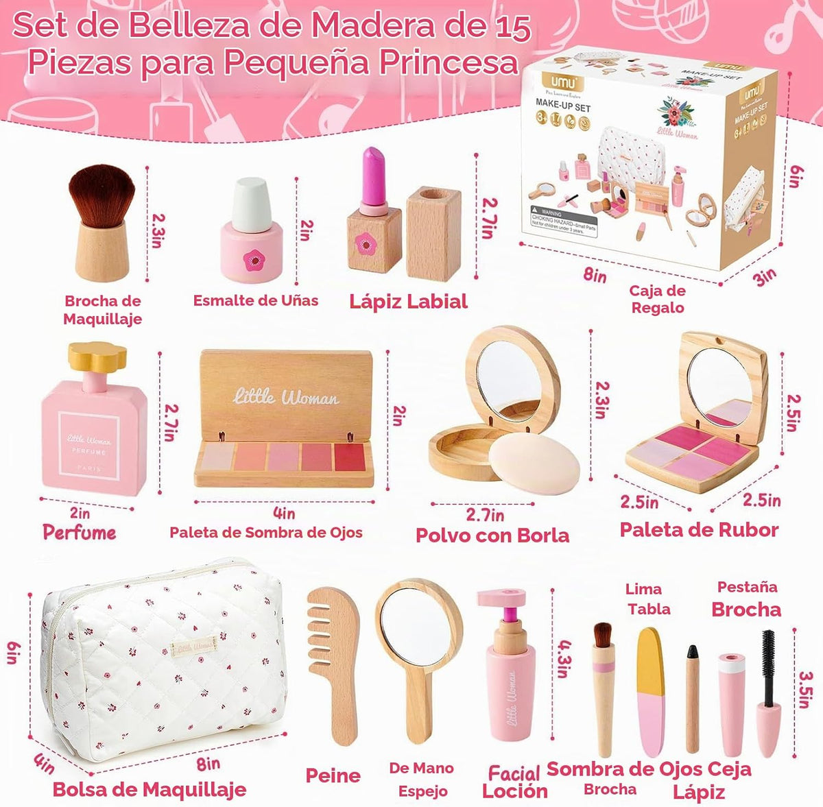 Treasdamic - Juego de juguetes de maquillaje de madera para niñas,...