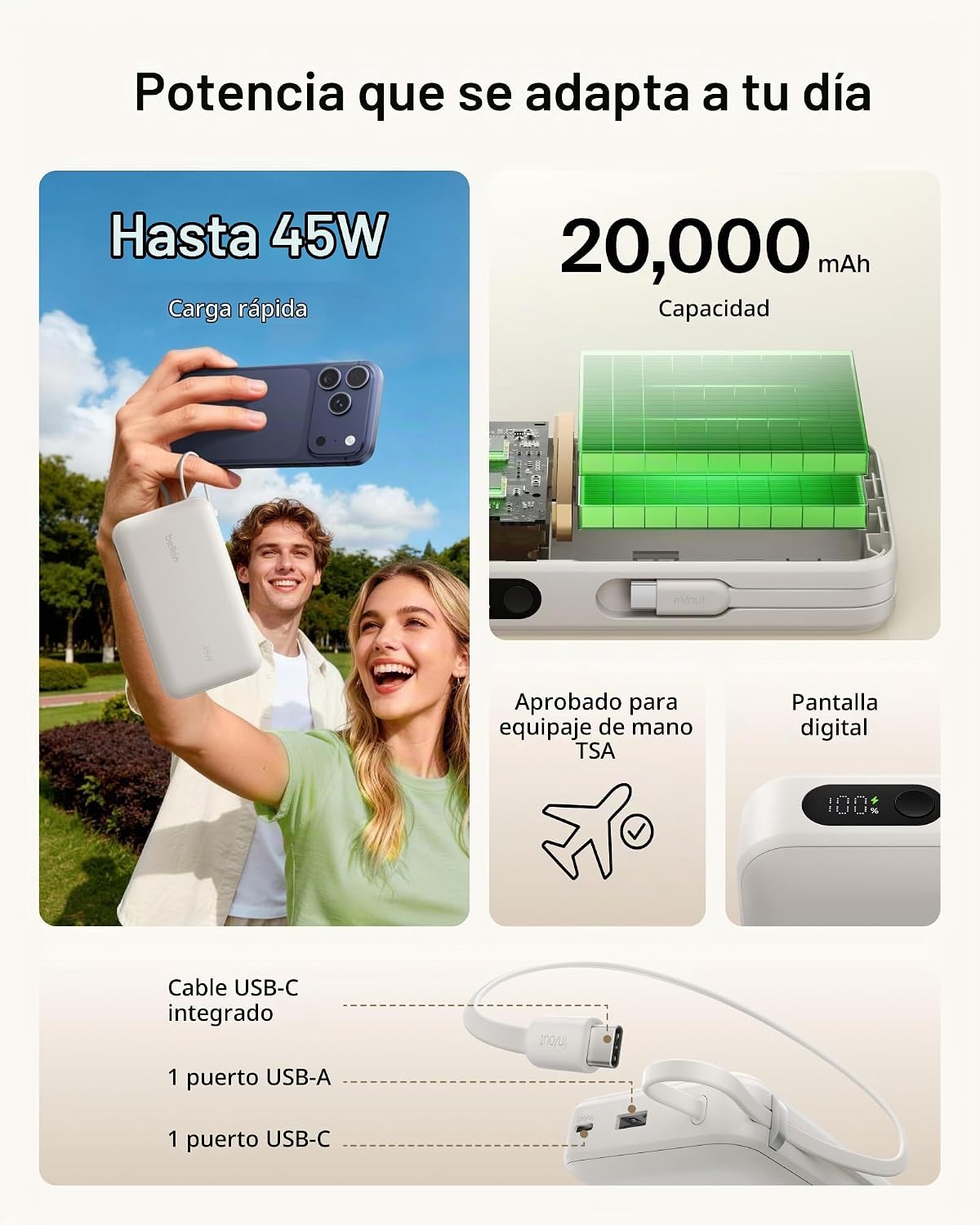 Belkin 20000mAh 45W Cargador portátil Power Bank con cable USB C in...
