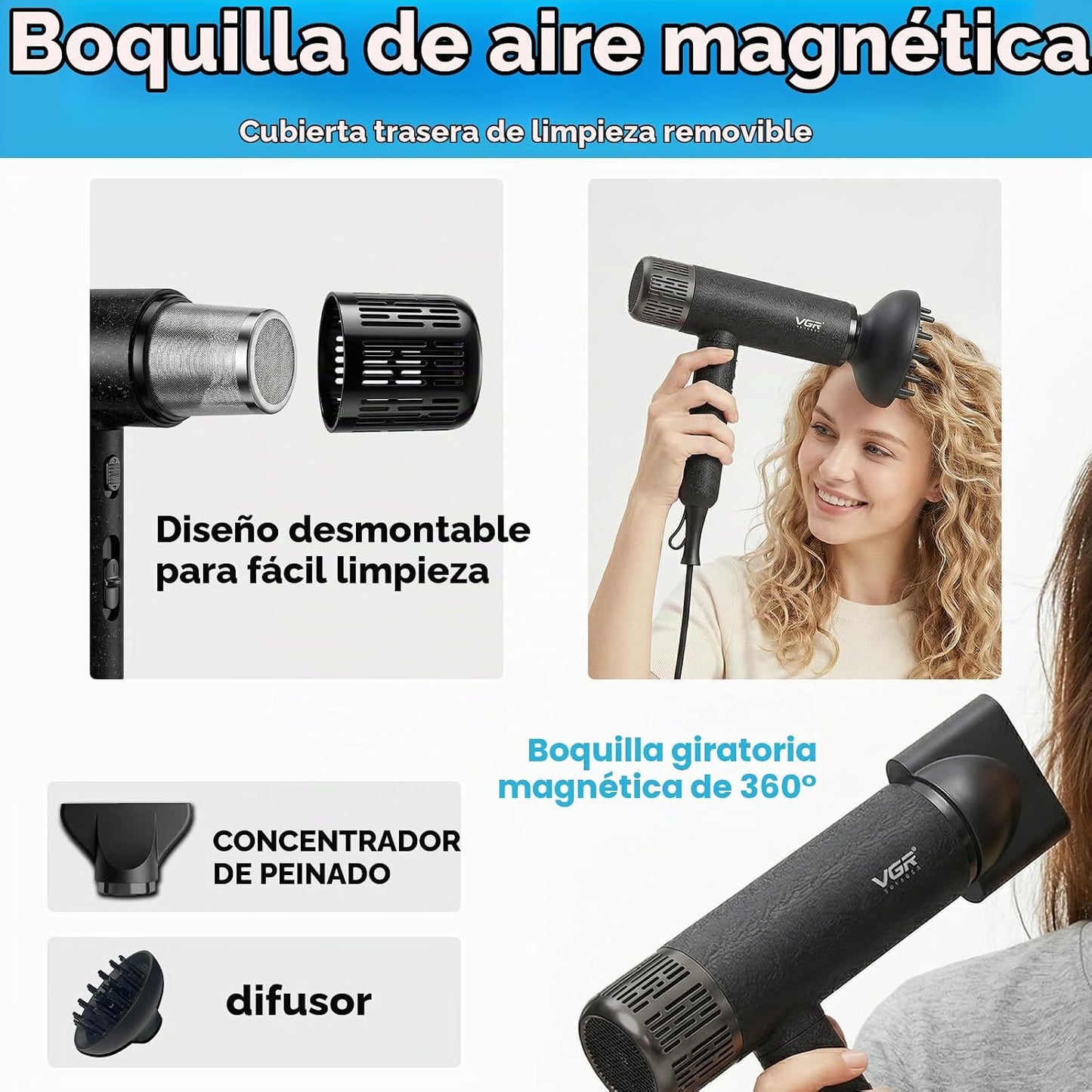 Secador de pelo de alta velocidad VGR, 110.000 RPM BLDC iónico, 3 a...