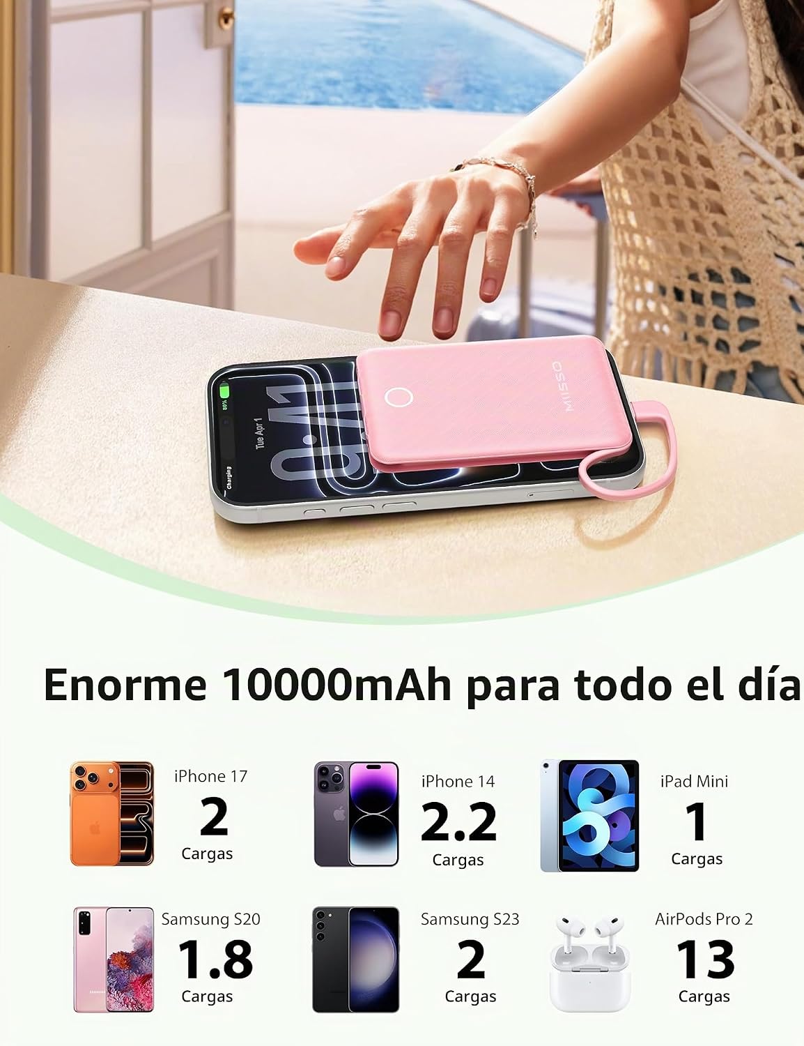 Mini cargador portátil de 10000mAh con cable integrado, banco de en...