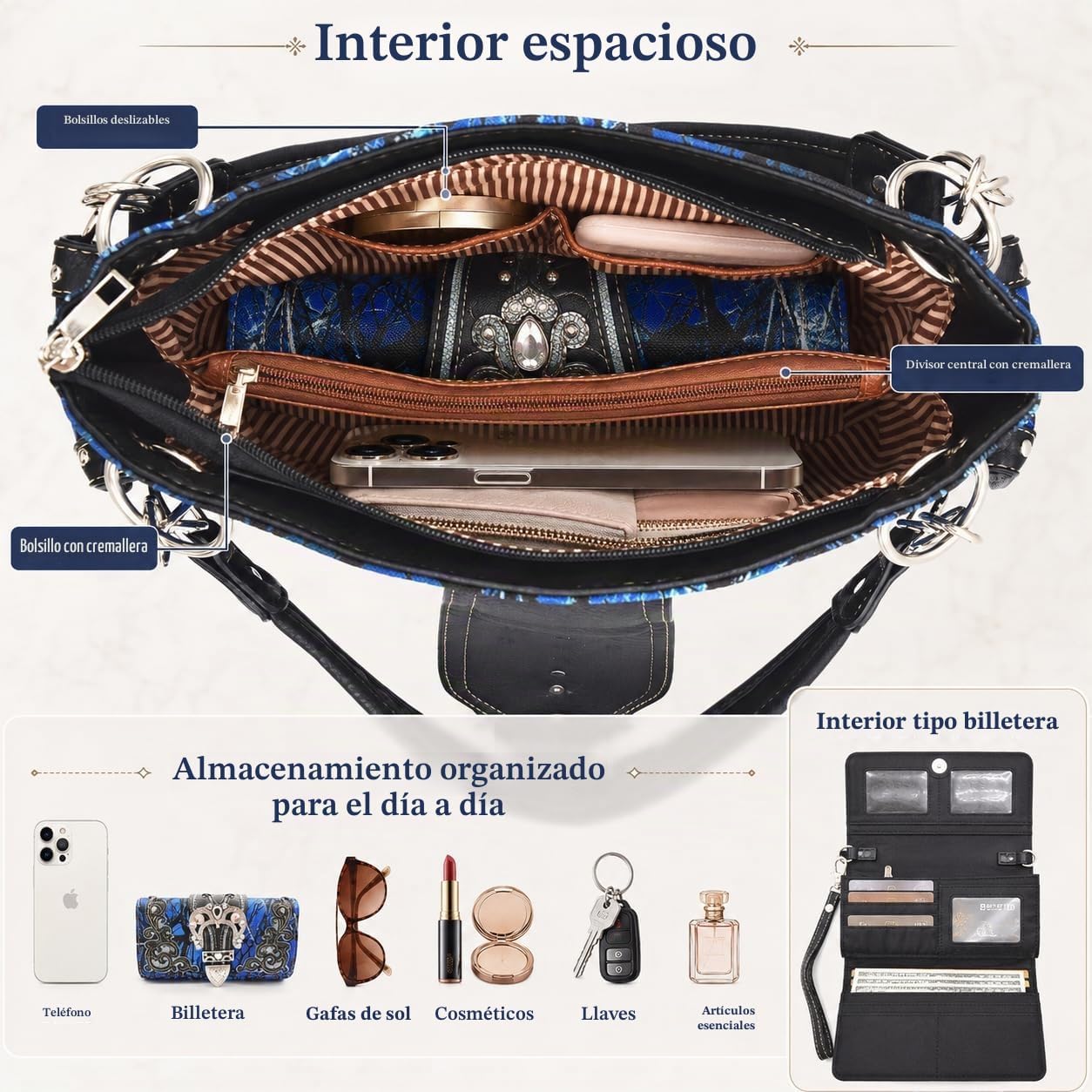 Bolso estilo occidental con hebilla de corona camuflaje, brillo flo...