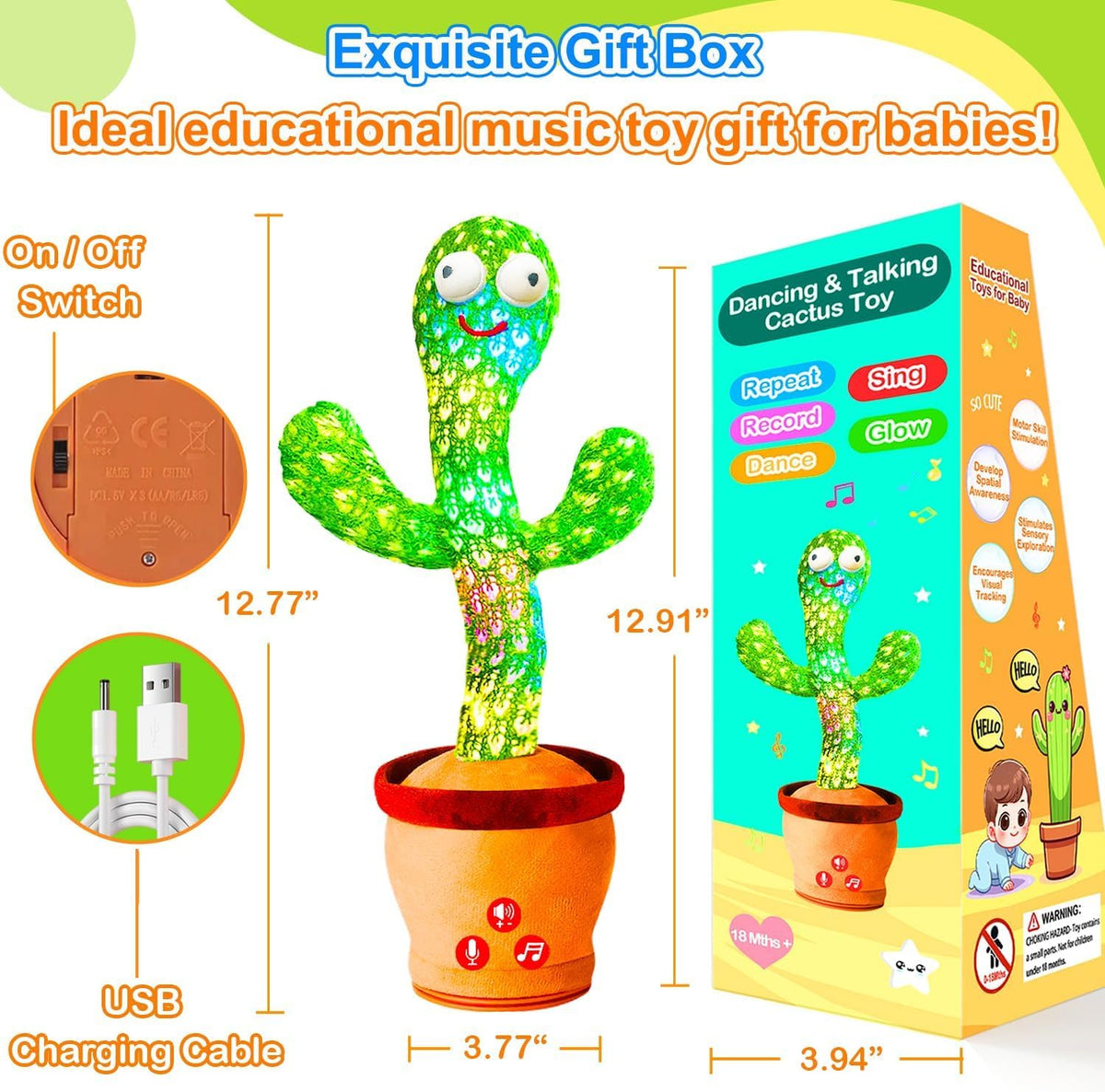 Vitosup Juguetes recargables para bebés, juguete de cactus que habl...