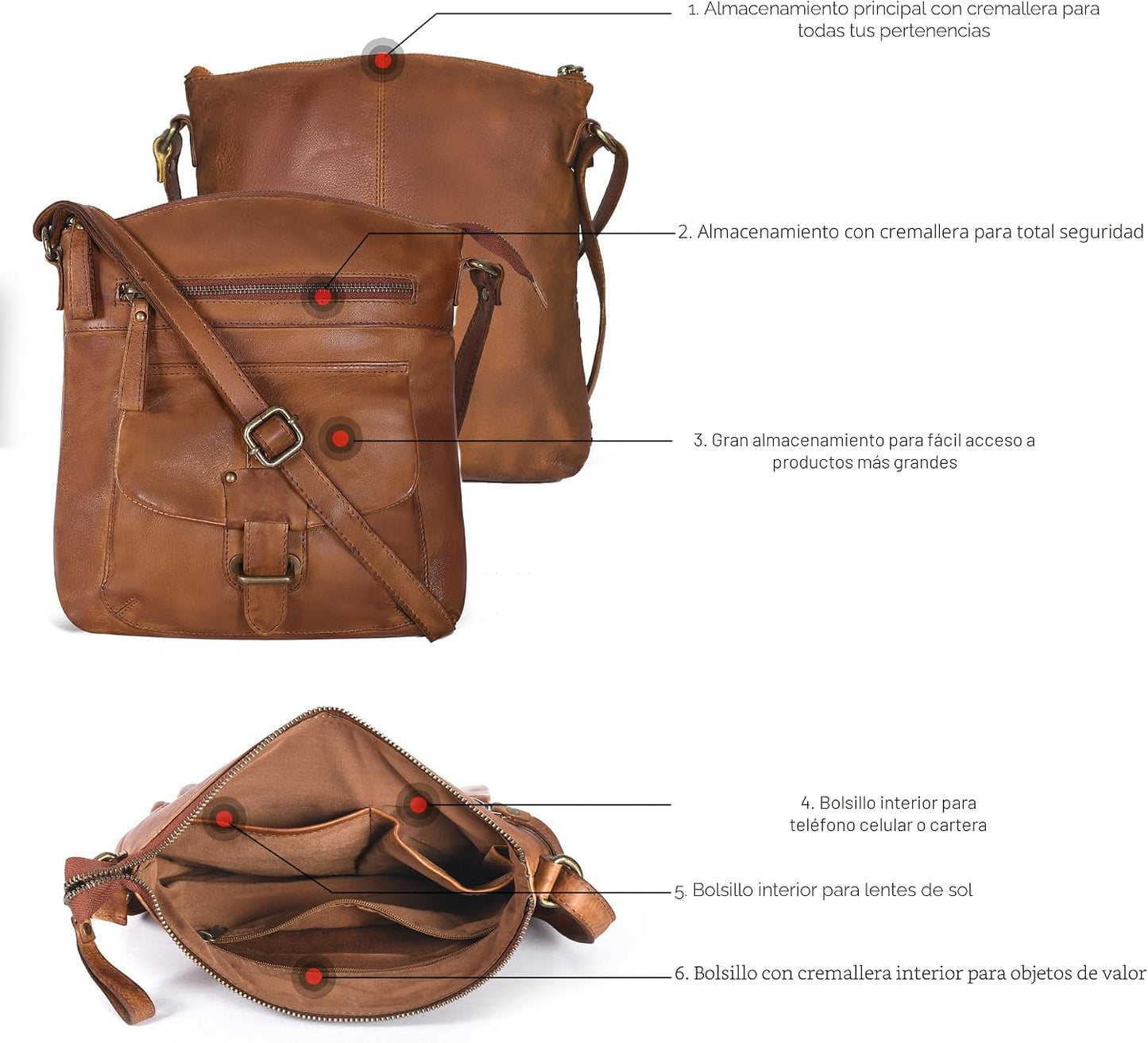 Bolso cruzado de cuero de Oak Leathers para mujer con correa de hom...