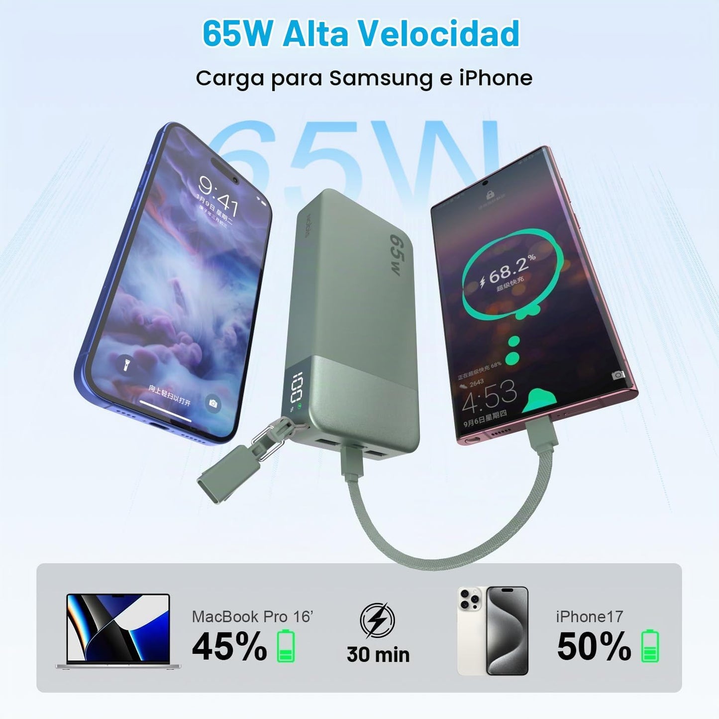 Cargador portátil NOBIS 20000mAh 65W Power Bank con cable desmontab...