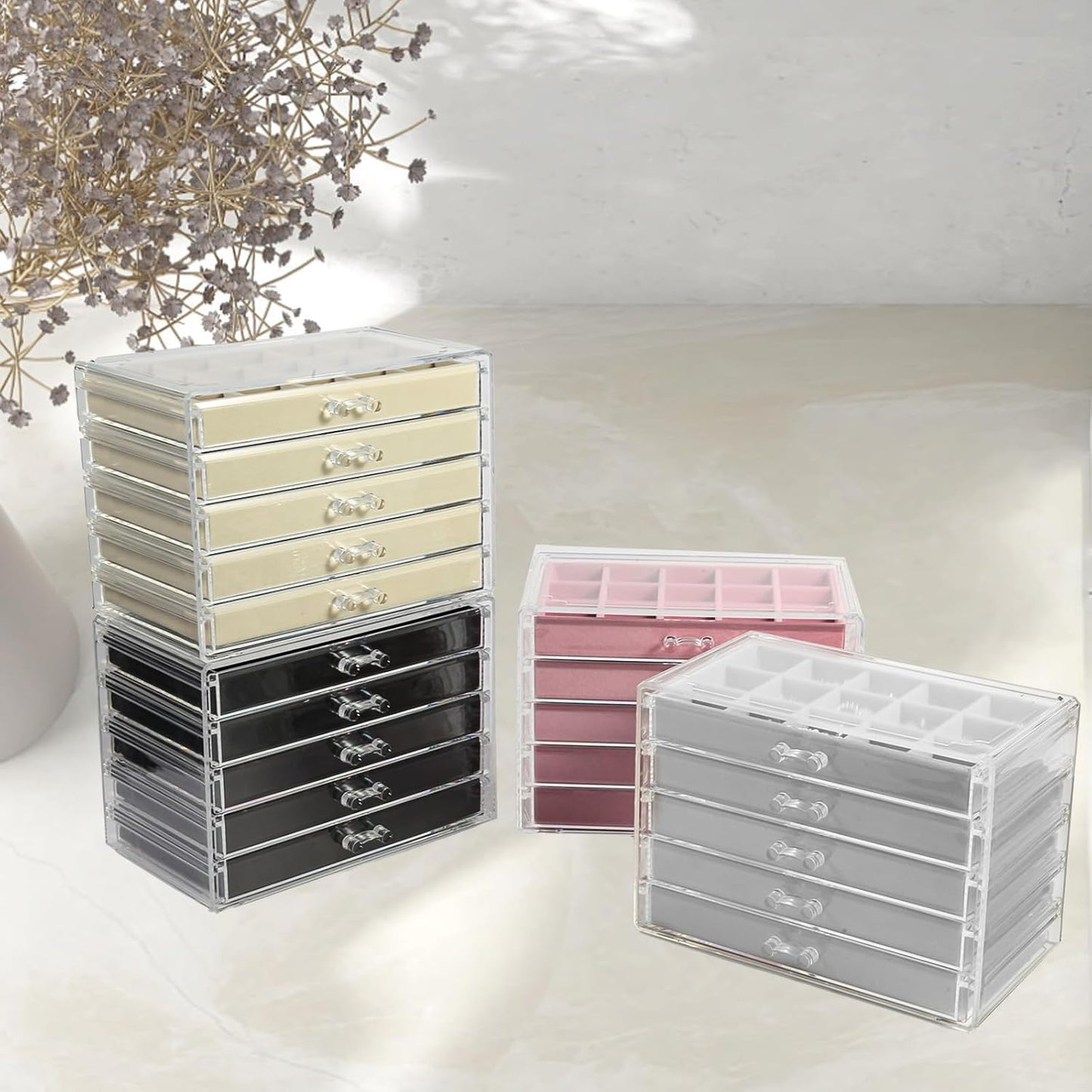 Joyero transparente con 5 cajones para mujeres y niñas, soporte de...