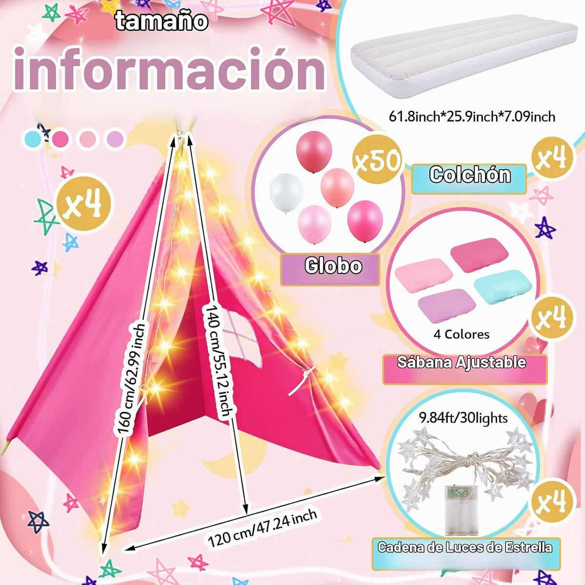 Lemosae Paquete de 4 Carpas Tipi para Niños Fiesta de Pijamas con C...