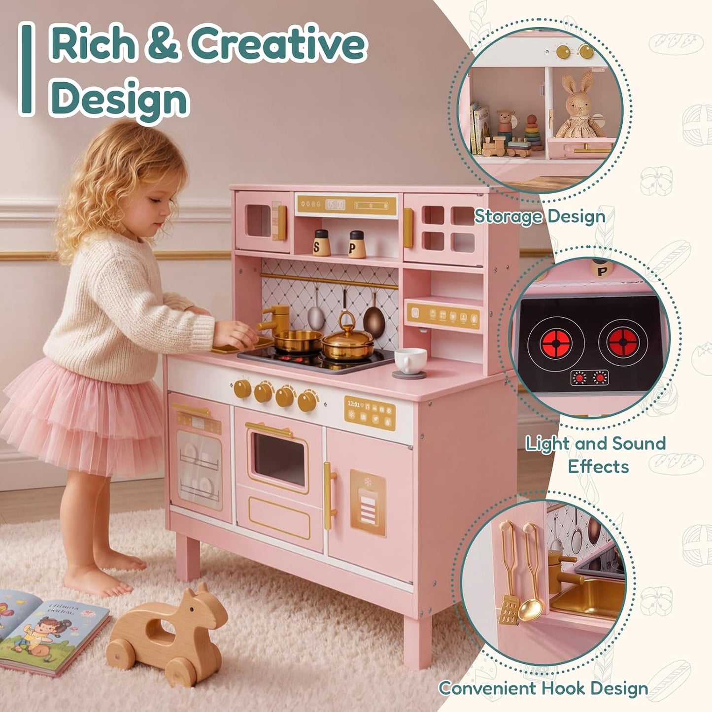 Cocina de madera para niños, moderno juego de cocina blanca con est...