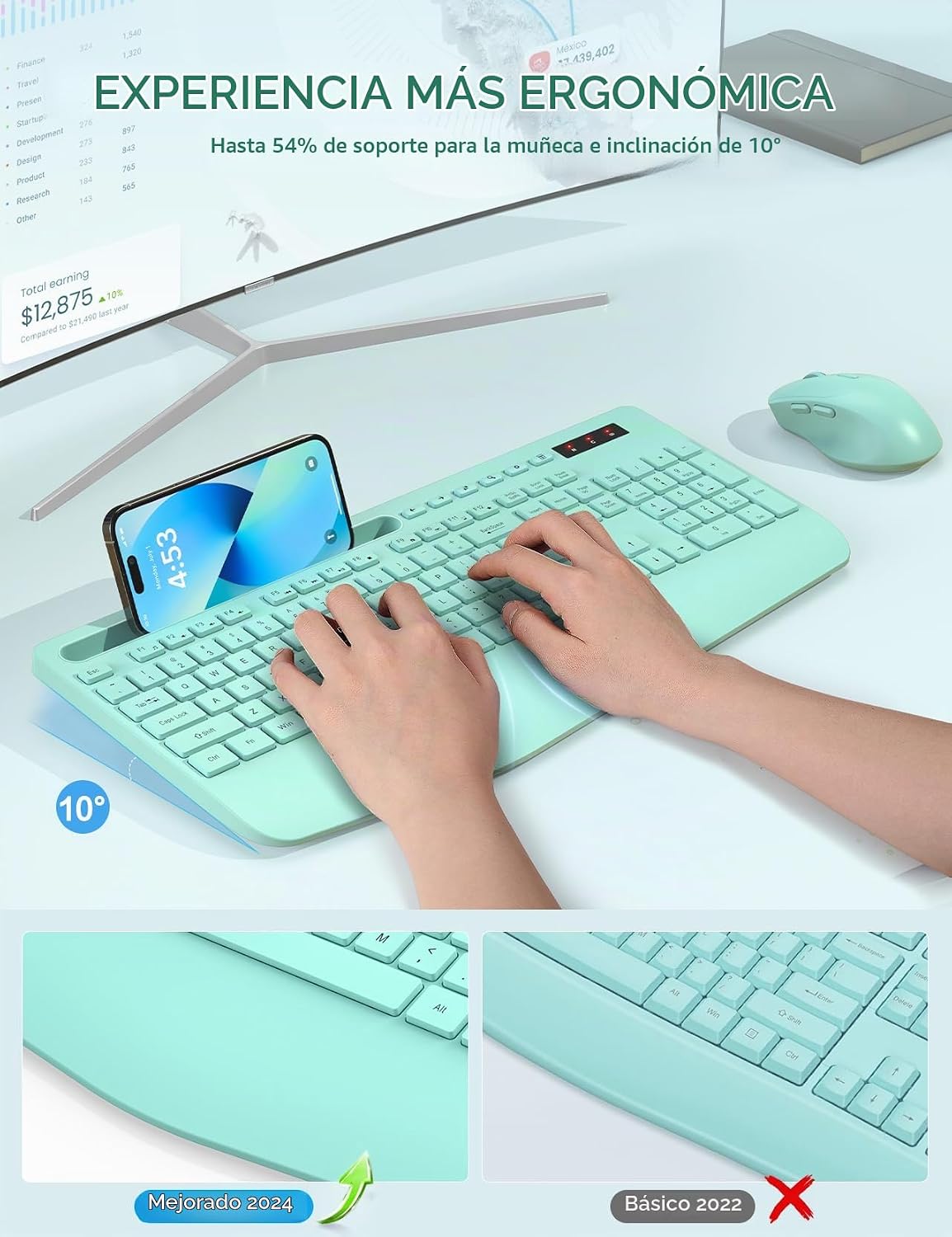 SABLUTE Combo de teclado y mouse inalámbricos, 2.4 GHz, reposamuñec...
