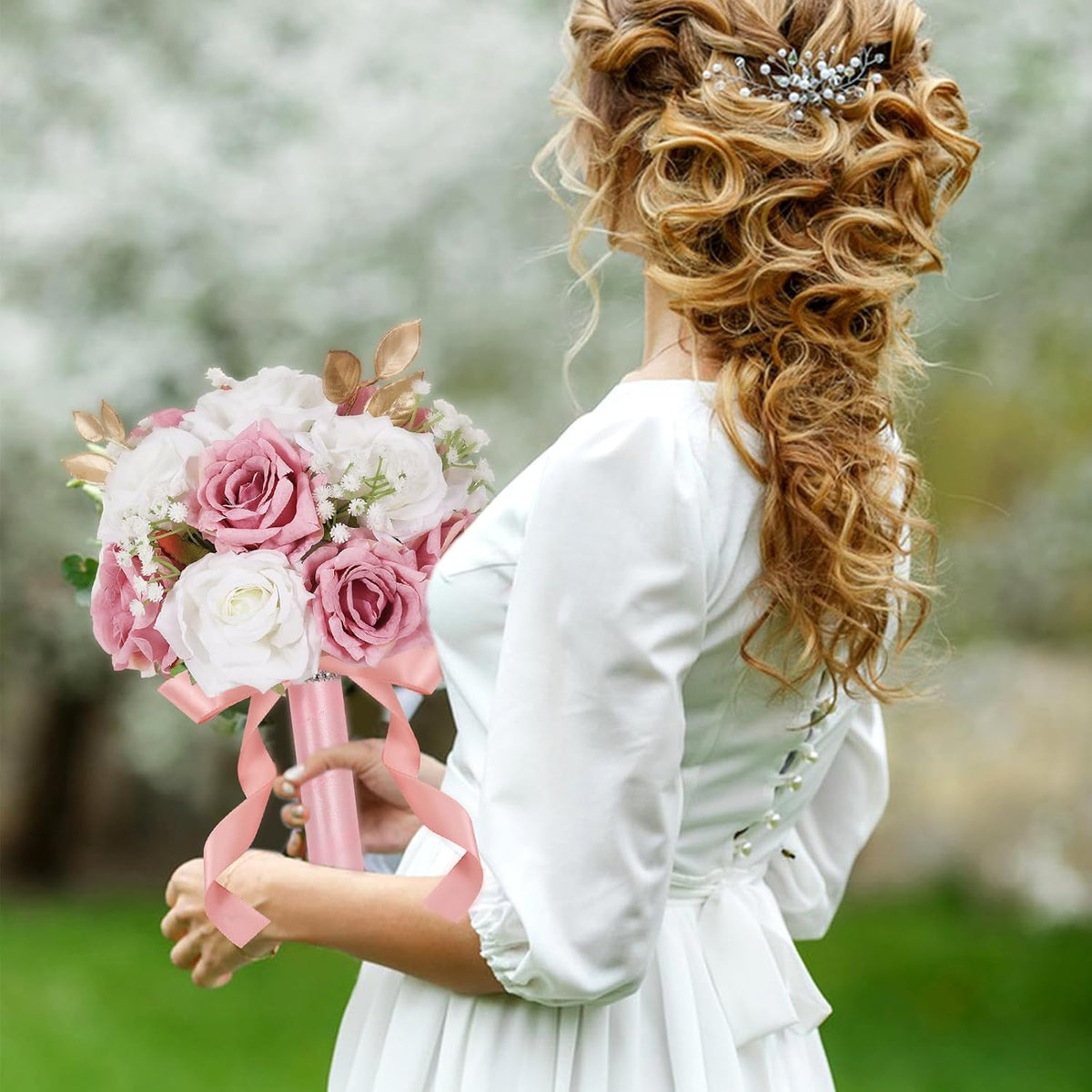 Qeedy Ramos de Boda para Novia - Flores de Seda Realistas Rosas Art...