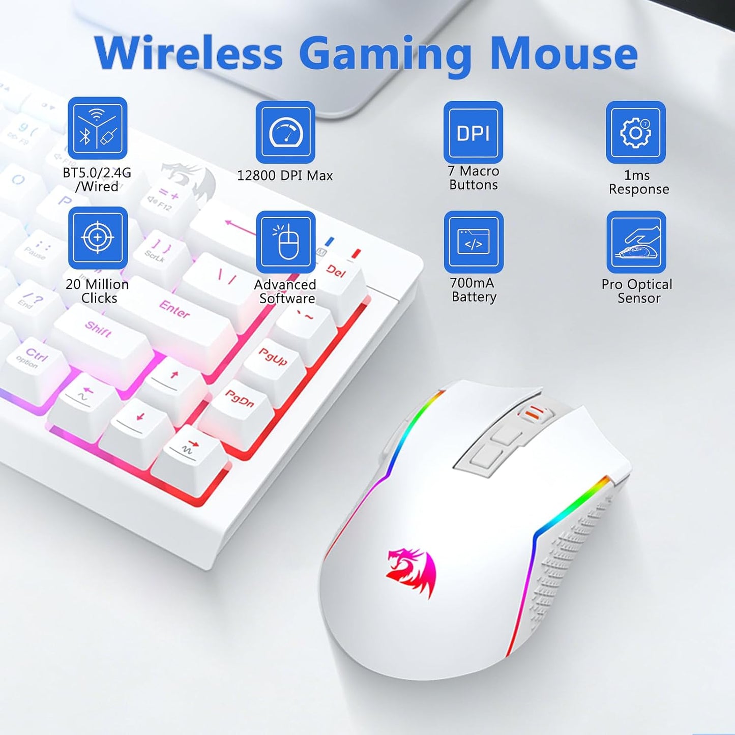 Redragon Combo de teclado y mouse inalámbricos para juegos, Bluetoo...