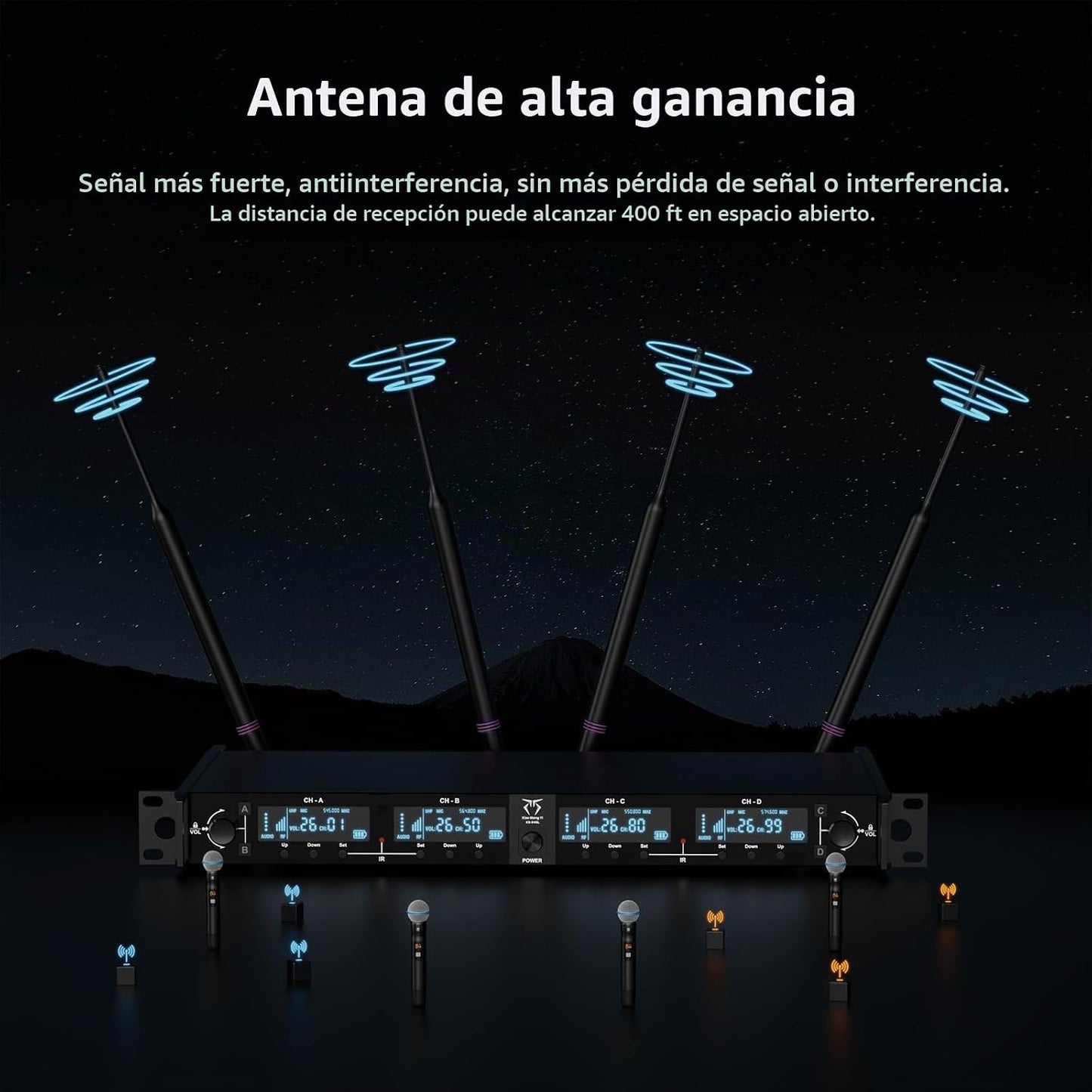 Sistema de micrófonos inalámbricos de 4 canales, kit de micrófono d...