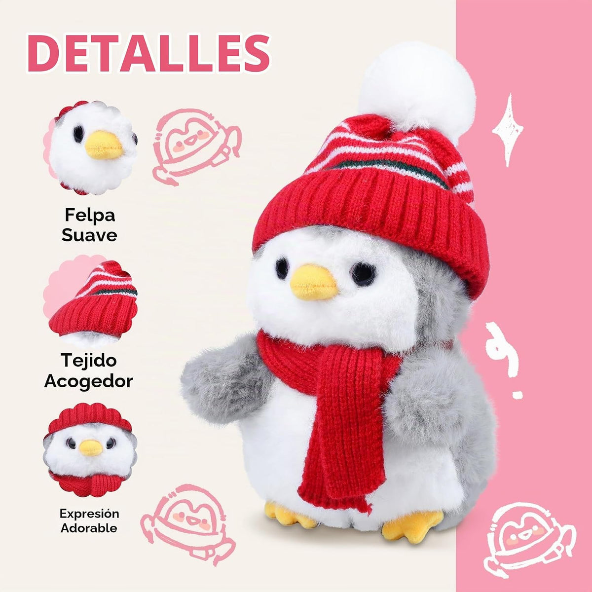 Animal de peluche de pingüino, peluche de pingüino con gorro de pun...