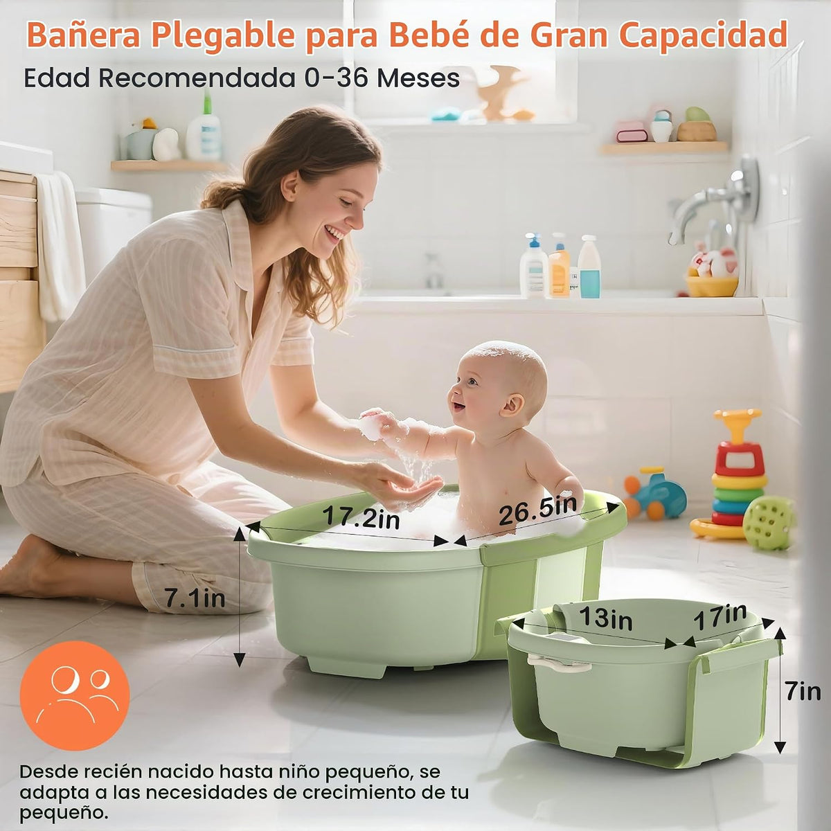 Bañera plegable para bebé, bañera grande para bebé con termómetro y...