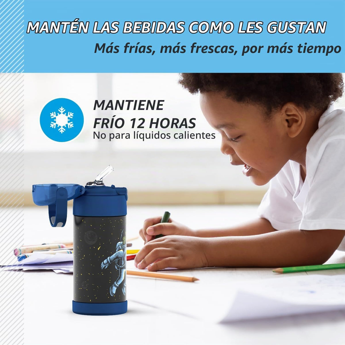 THERMOS FUNTAINER Botella de agua con pajita, 12 onzas, rana espaci...