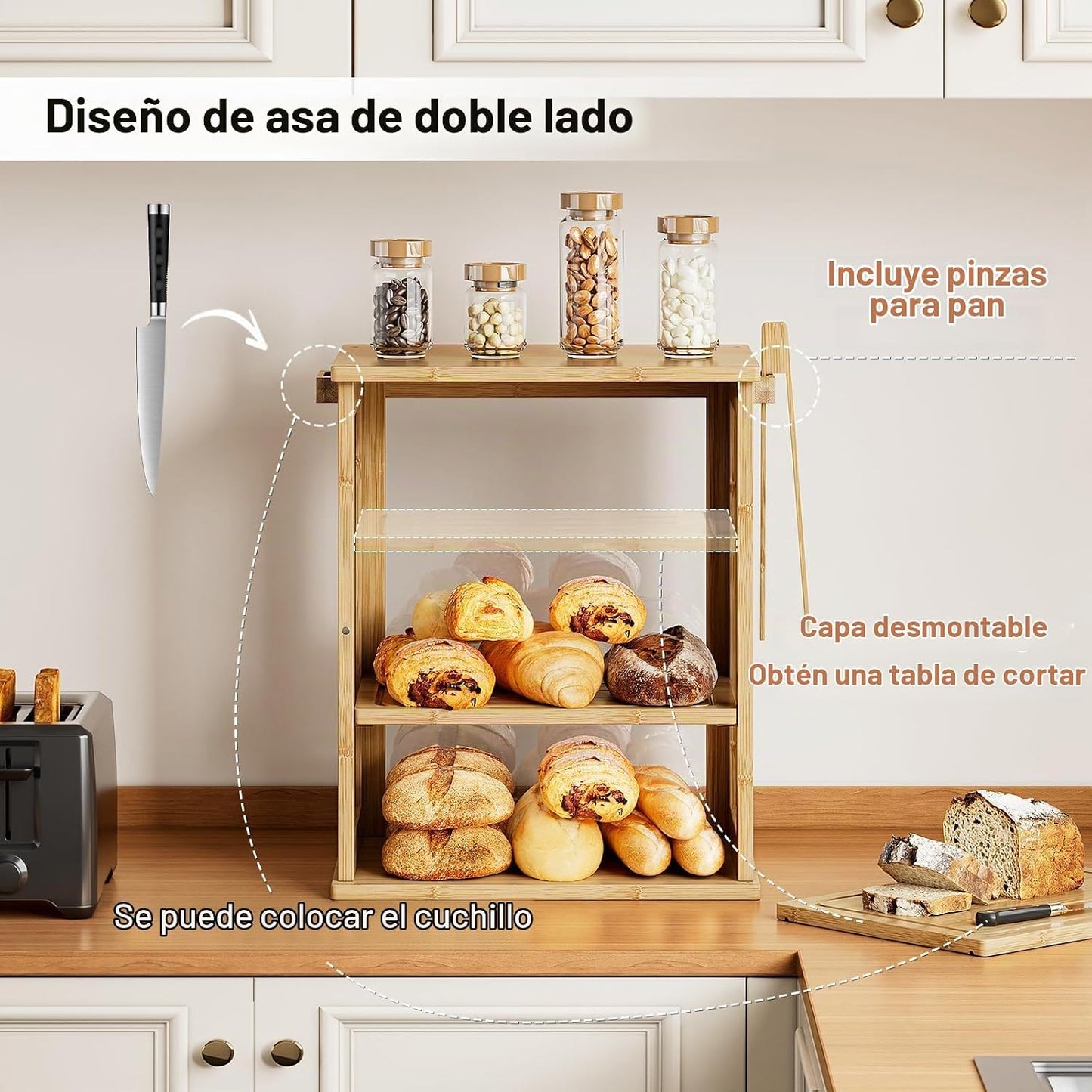 WOWLIVE Caja de Pan de Bambú para Encimera de Cocina, Contenedor de...