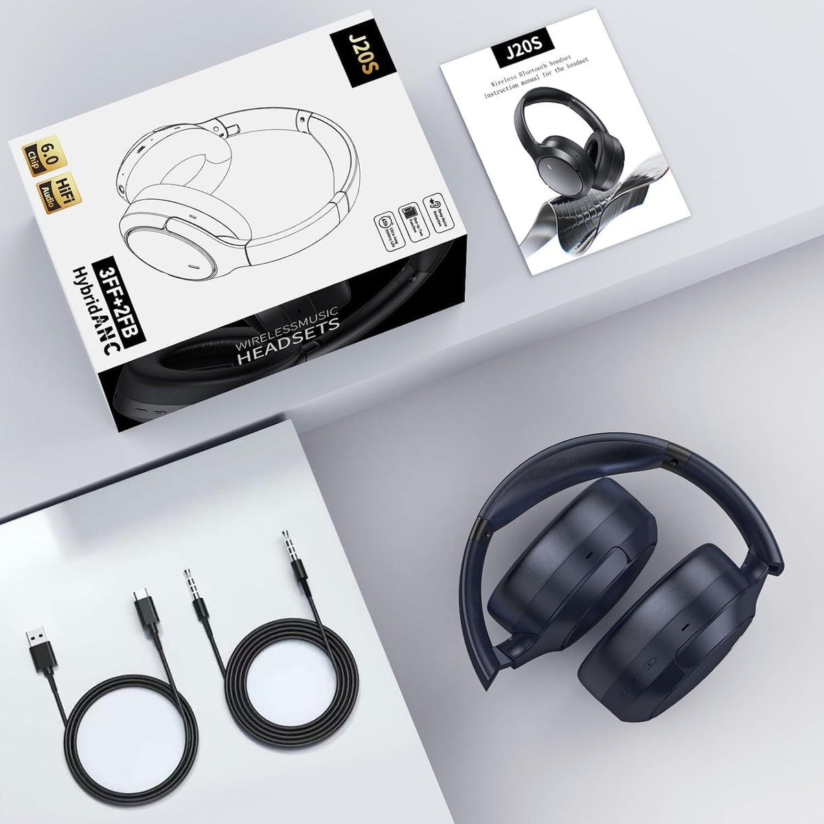 Auriculares inalámbricos ANC híbridos sobre la oreja, tiempo de rep...