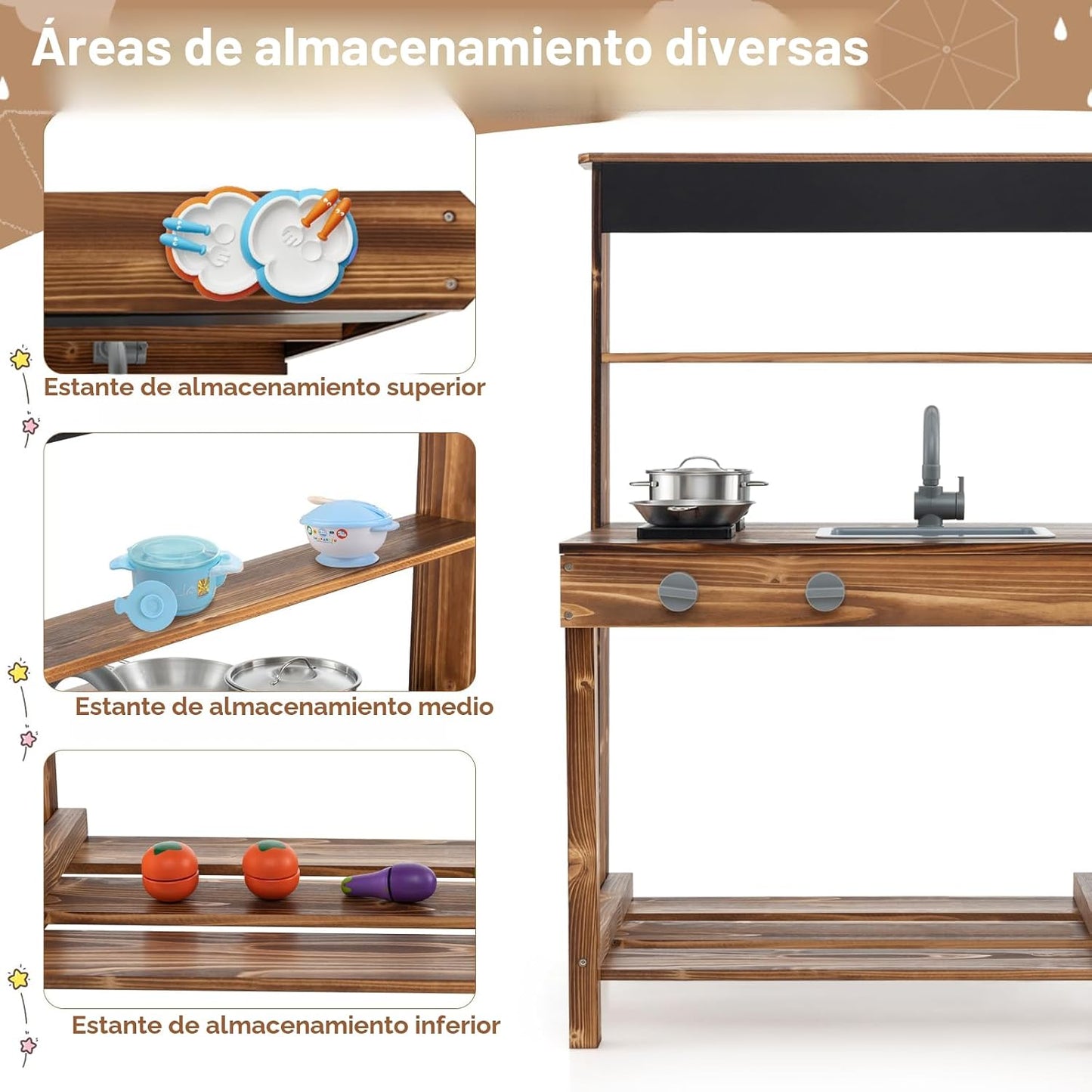 Costzon Cocina de barro, cocina de juego al aire libre con estufas,...