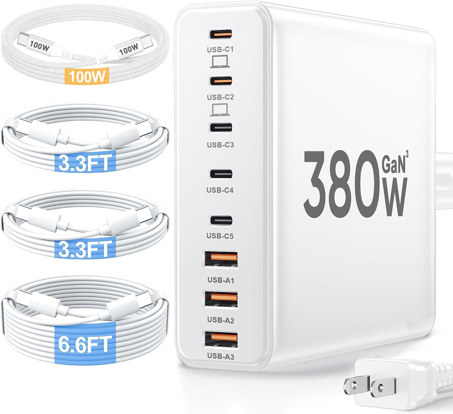 Bloque de cargador USB C de 380 W con 4 cables USB Estación de carg...
