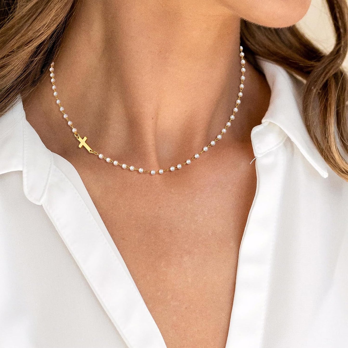 VIROMY Collar de Perlas en Capas con Cruz Dorada para Mujeres - Col...