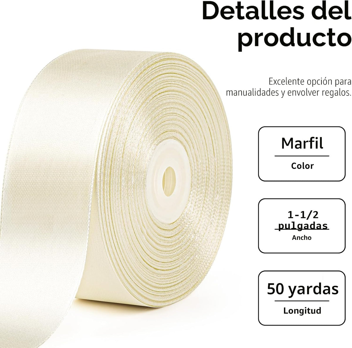 Mauproy Cinta de satén marfil, 1-1\/2 pulgadas, 50 yardas | Cinta d...