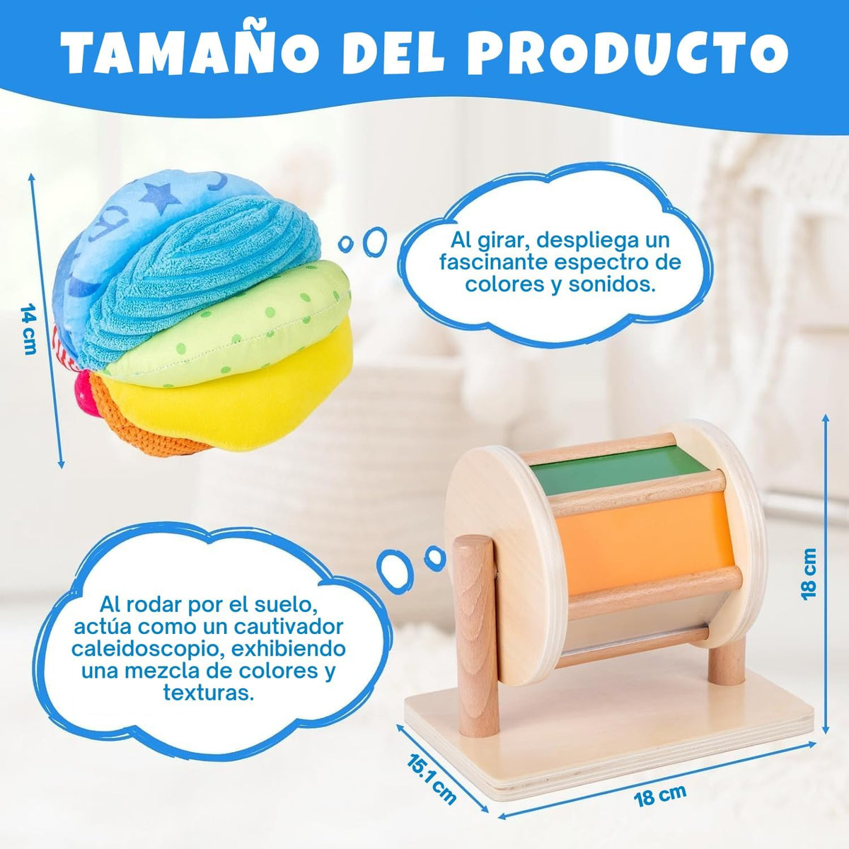 Adena Montessori Kit de juego: tambor giratorio y bola de tela, 19....