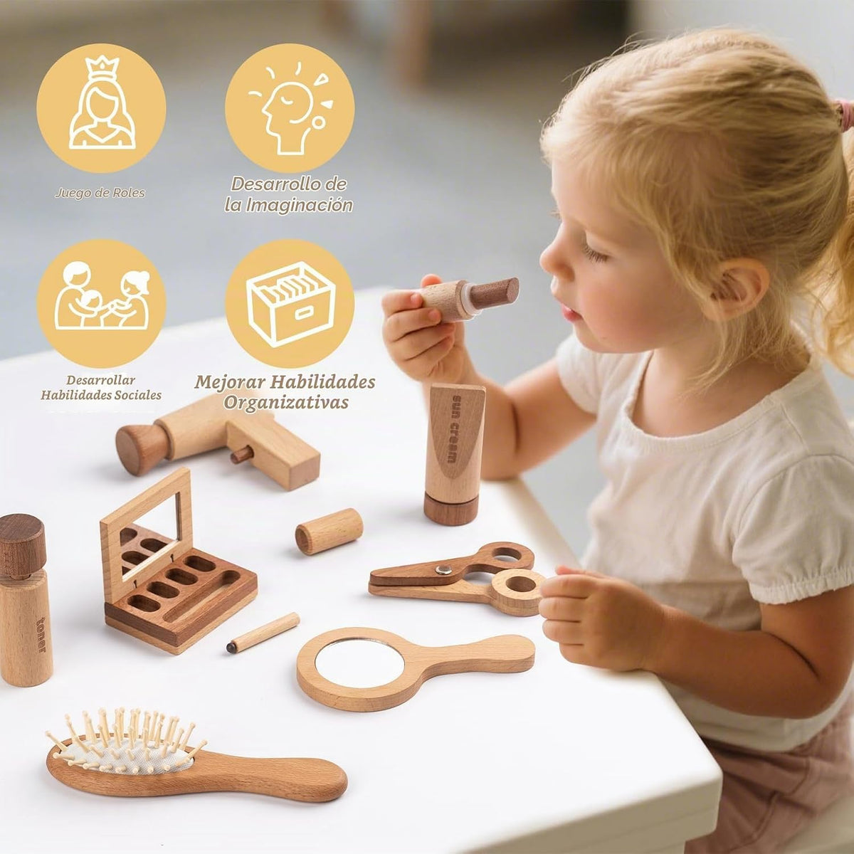 kienvy Juego de 11 juguetes de maquillaje de madera para niñas, kit...
