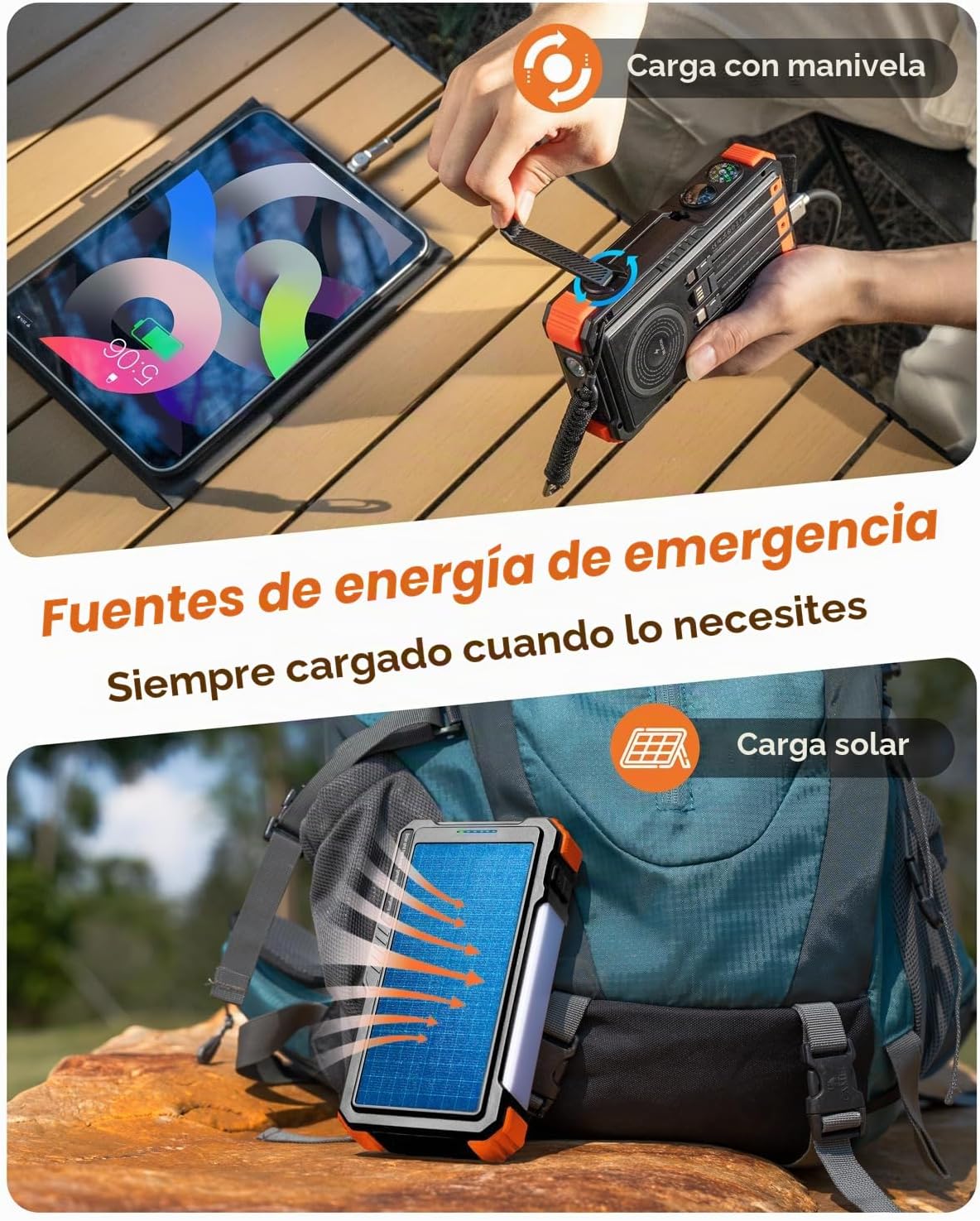 BLAVOR Batería solar con manivela manual y 4 cables, cargador inalá...