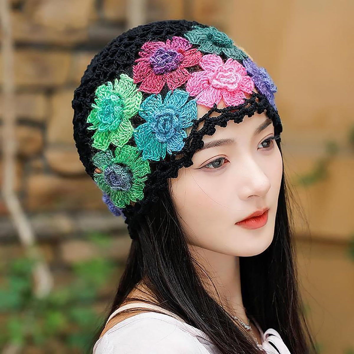 CORIRESHA Boho Chic Hecho a Mano Crochet Flor Beanie Ligero Hueco Y...