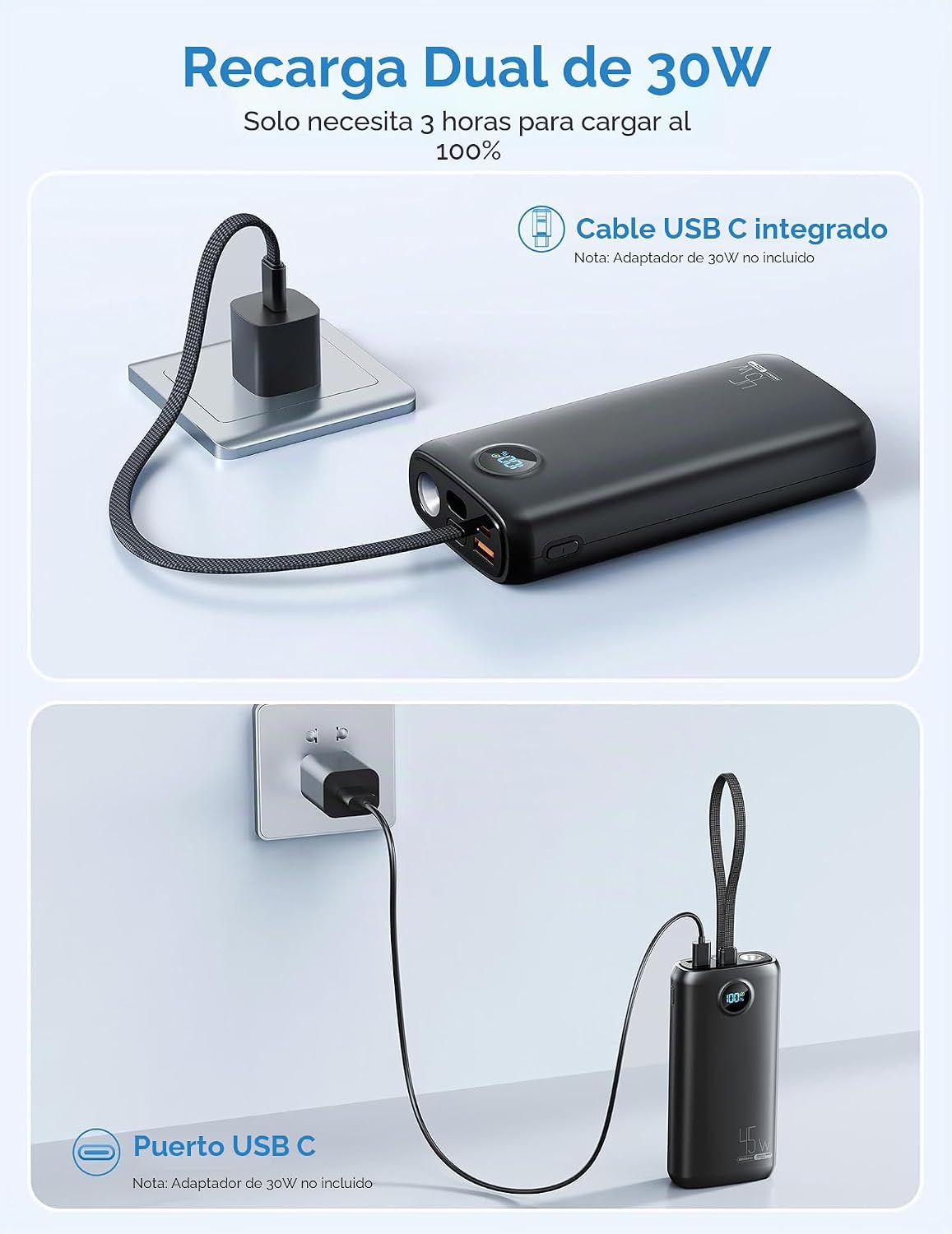 Cargador portátil, batería portátil de 45 W, 20000 mAh, con cable U...