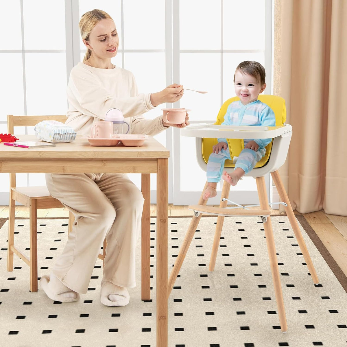 HONEY JOY Silla alta para bebé, silla alta 6 en 1 de madera Eat &am...