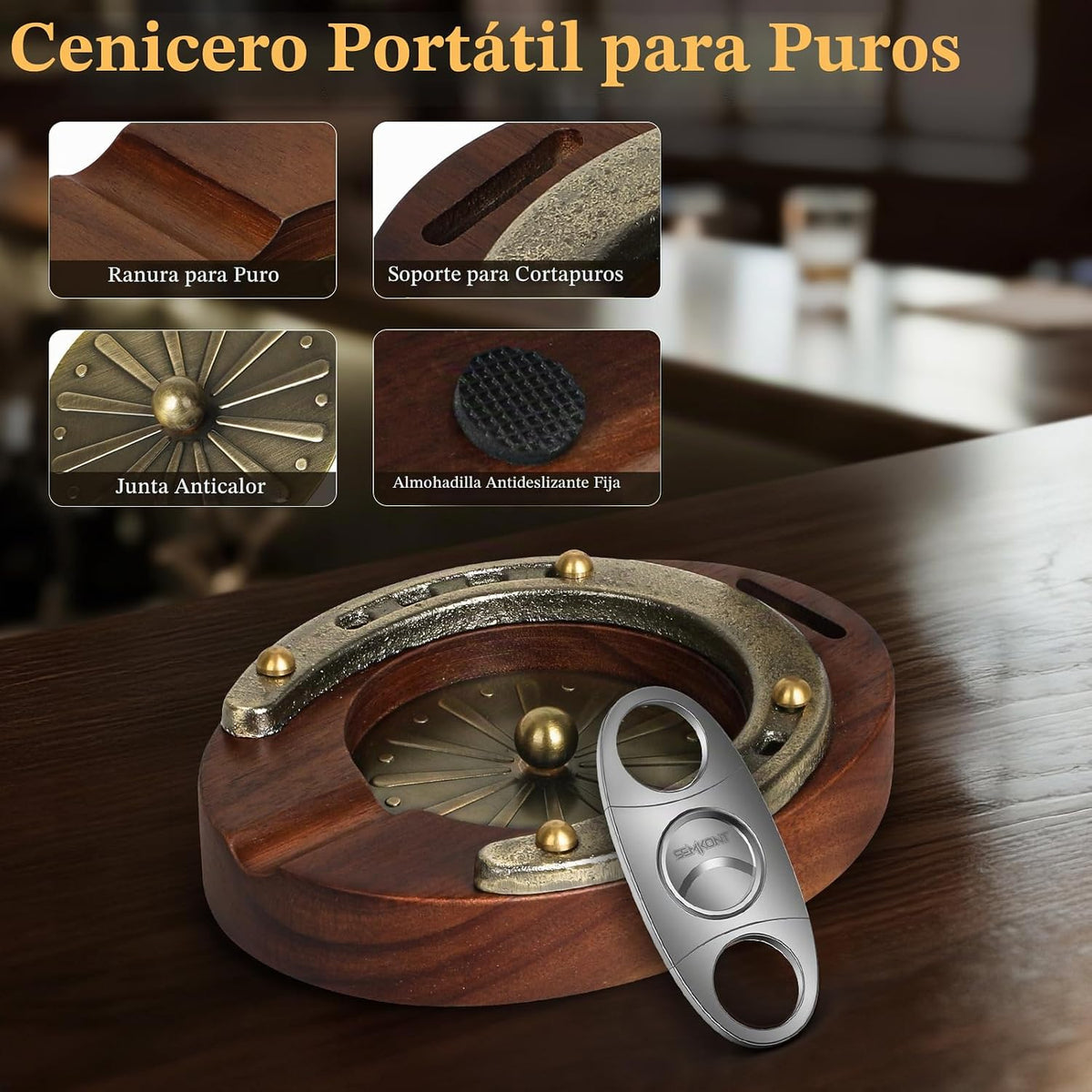 SEMKONT Cenicero de puros, cenicero portátil de madera de herradura...