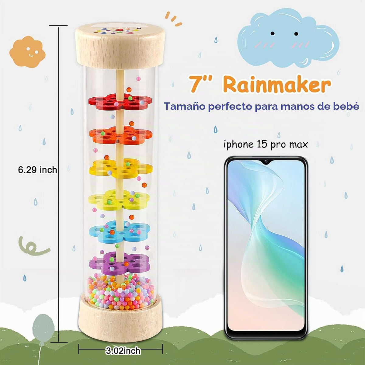 LOOIKOOS Rainmaker - Palo de lluvia de madera de 7 pulgadas, juguet...