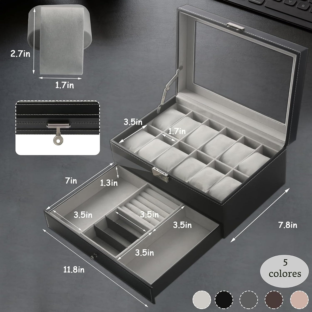Ogrmar Cajas de almacenamiento de relojes con 12 ranuras de cuero P...