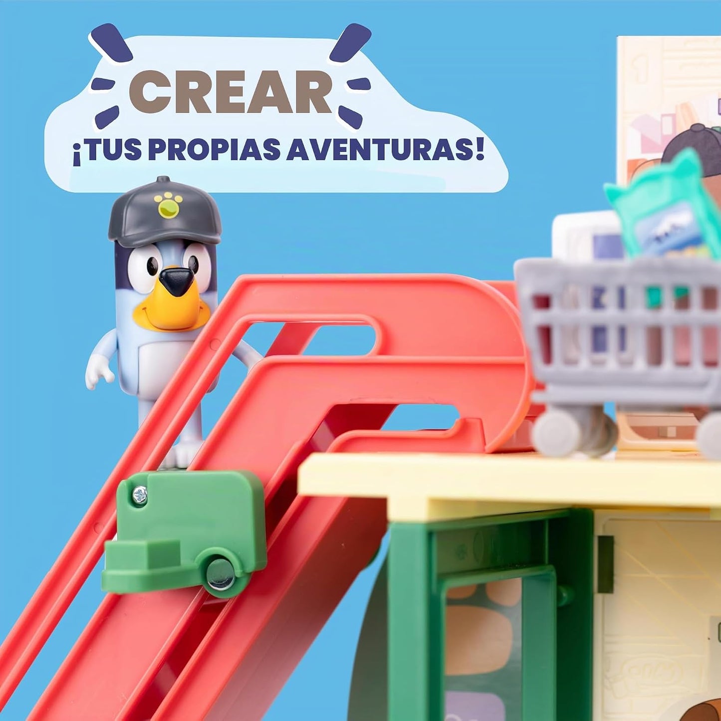 Bluey y juego de supermercado de bingo, escaleras mecánicas y sonid...