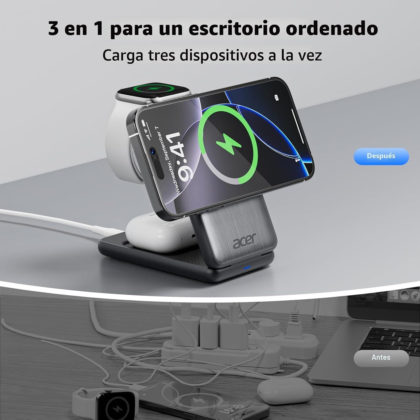 Estación de carga 3 en 1 de Acer para iPhone, soporte de cargador i...