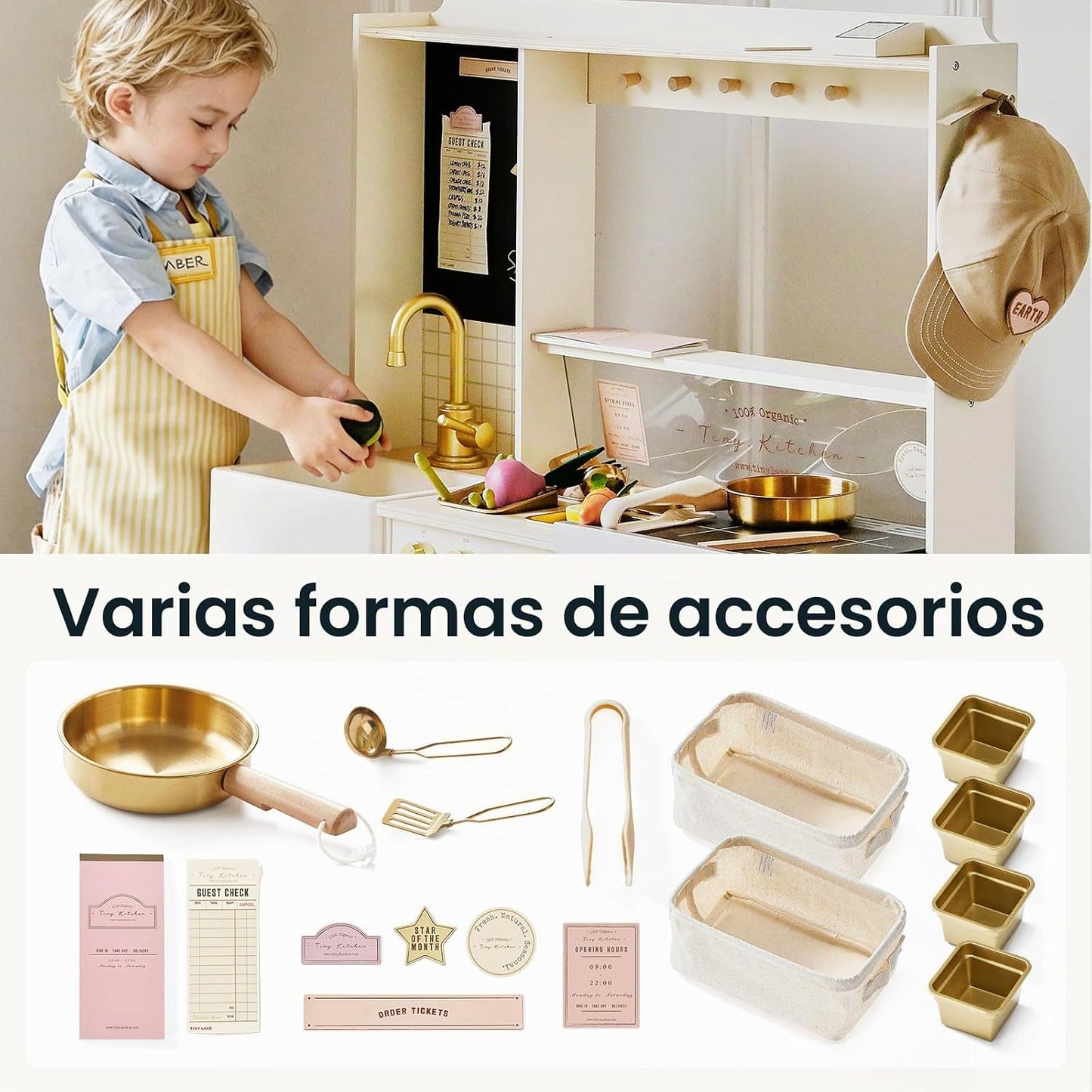 Tiny Land BistroSwitch - Juego de cocina de madera 2 en 1 con pizar...