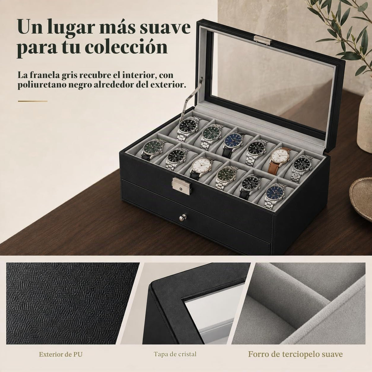 GUKA Caja de reloj de 12 ranuras, organizador de exhibición de cuer...