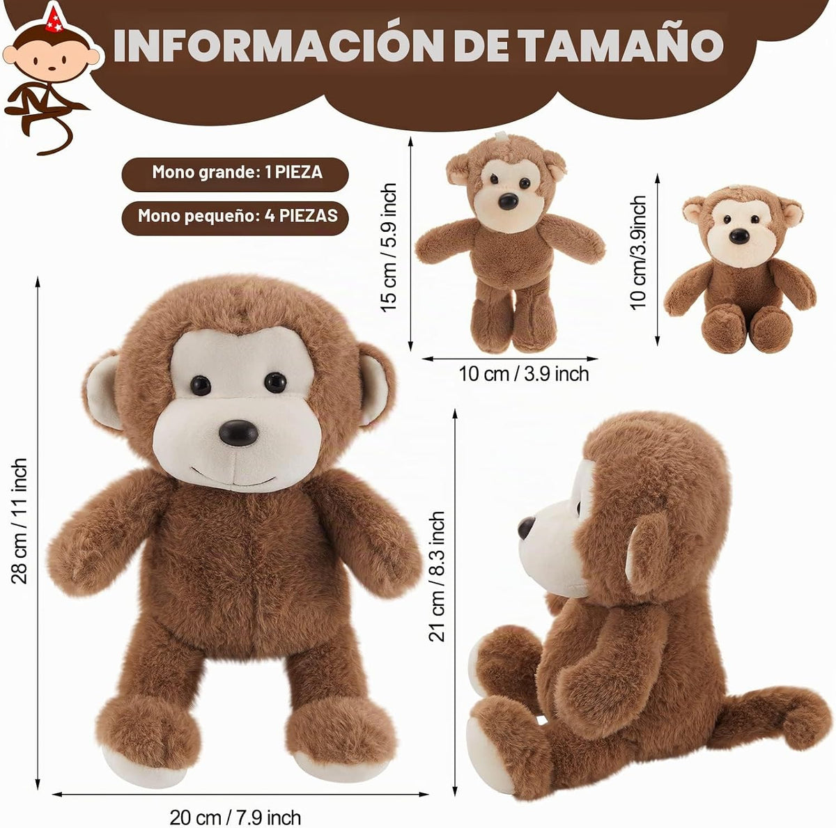 Lewtemi - Juego de 5 animales de peluche grandes con 4 monos bebés...
