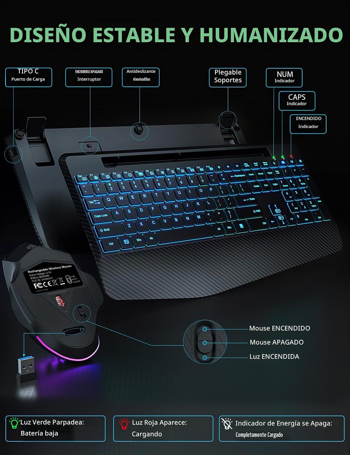 Teclado y Mouse Inalámbricos con Retroiluminación, Reposamuñecas, M...