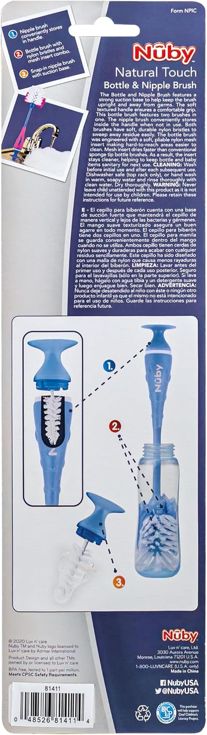 Nuby Cepillo 2 en 1 para biberón con soporte, cerdas de nailon suav...