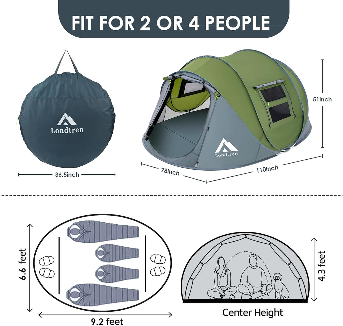 Tienda de campaña desplegable fácil para 4 personas, impermeable, c...
