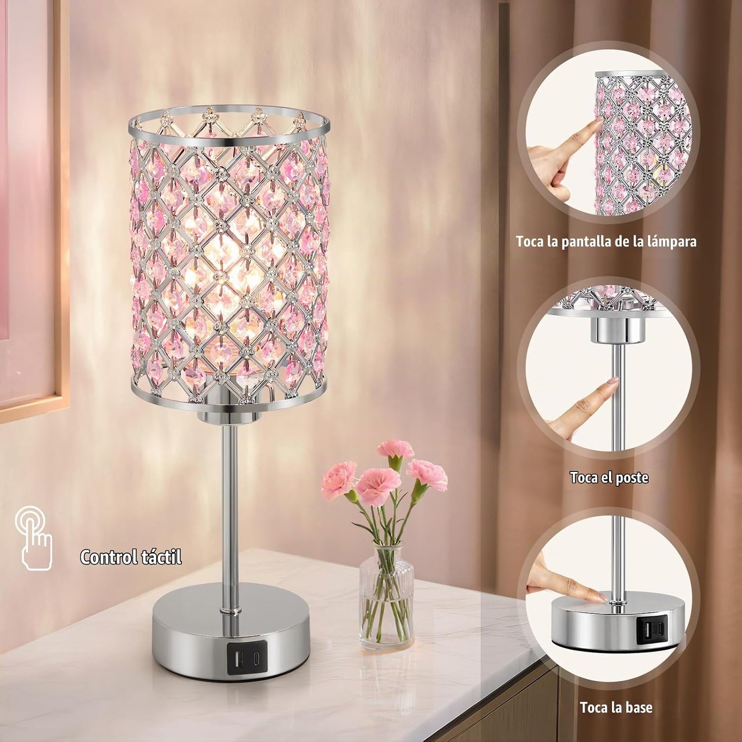 GyroVu - Juego de 2 lámparas de mesita de noche de cristal rosa con...