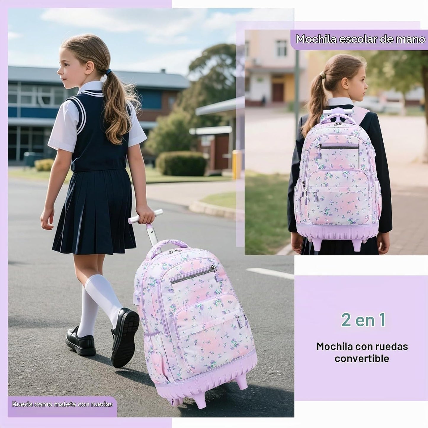 ACESAK Mochila con ruedas para niñas, mochila escolar con ruedas en...