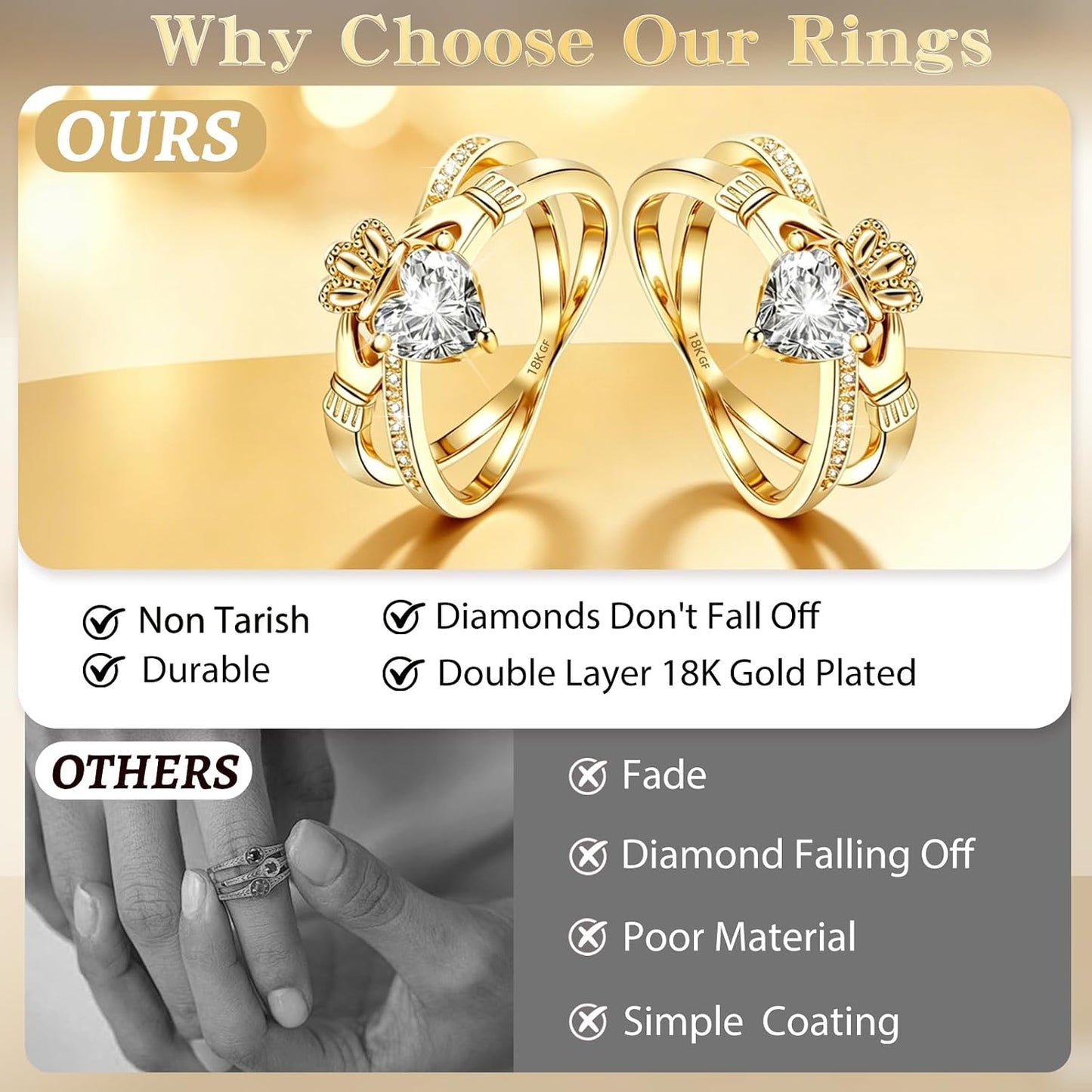 Anillo Claddagh de oro para mujer, anillo irlandés de oro de 18 qui...