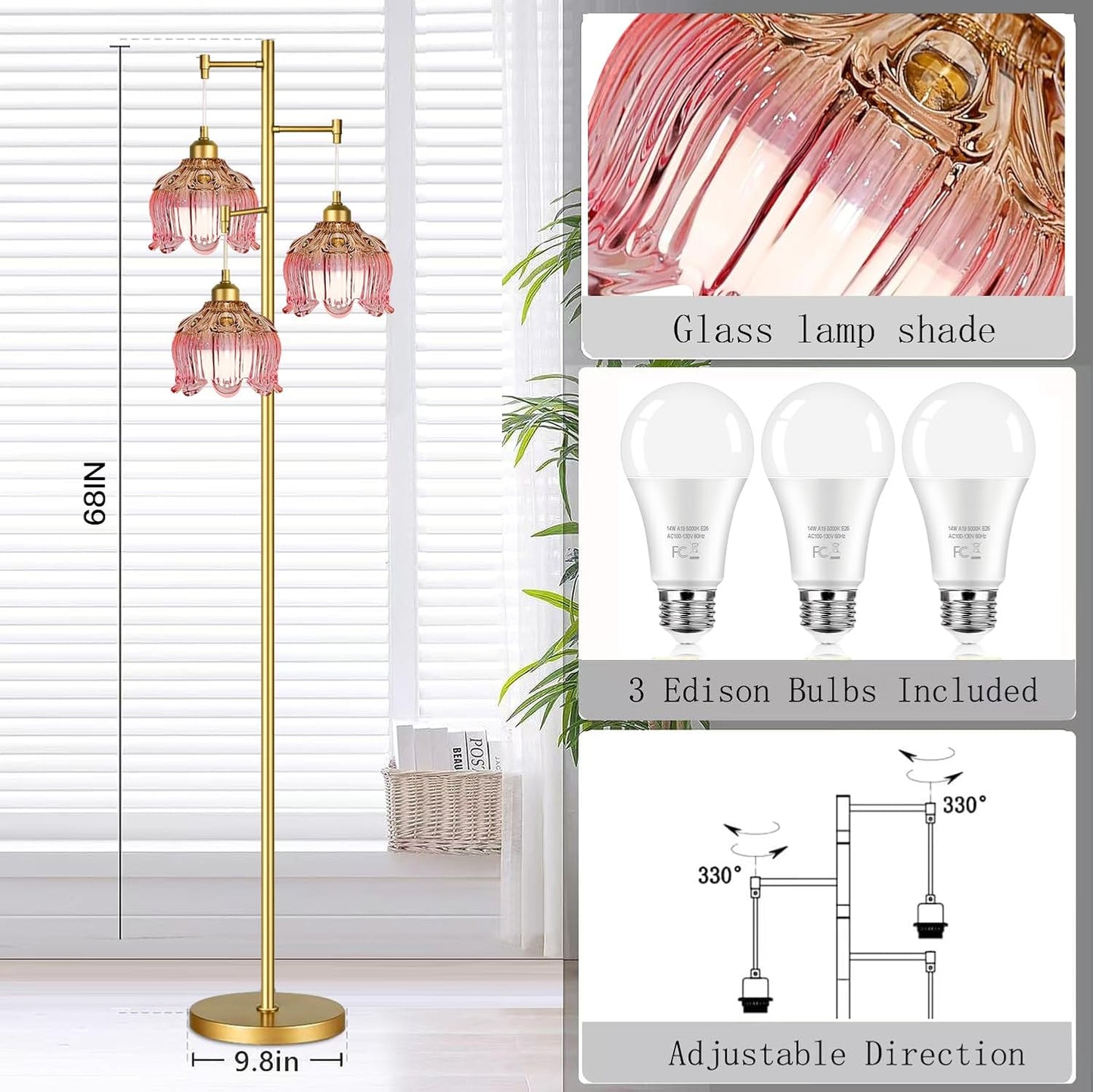 QIYIZM Lámpara de pie rosa para sala de estar, dormitorio, lámpara...