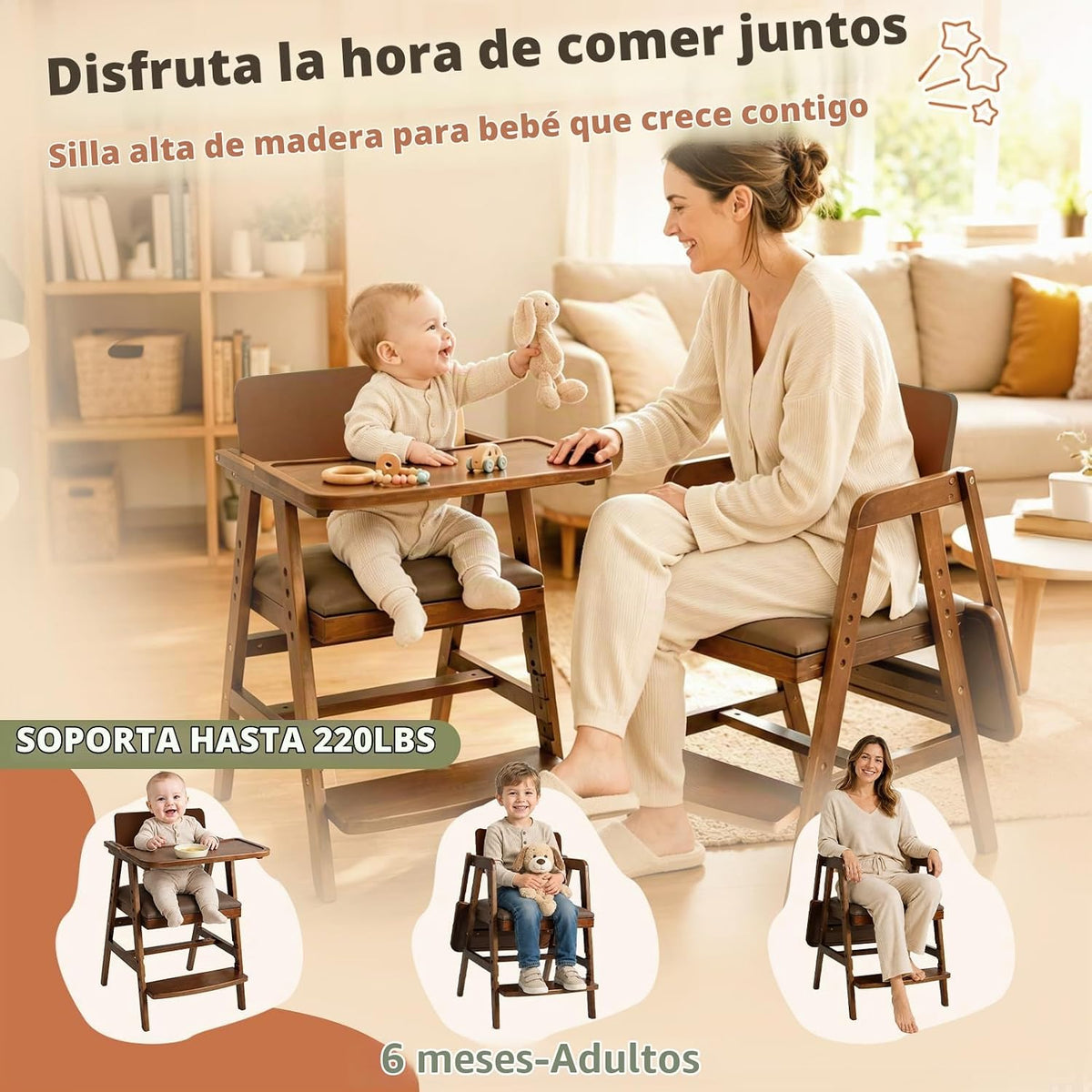 Trona de madera 3 en 1 con escalones y bandeja ajustable para bebés...