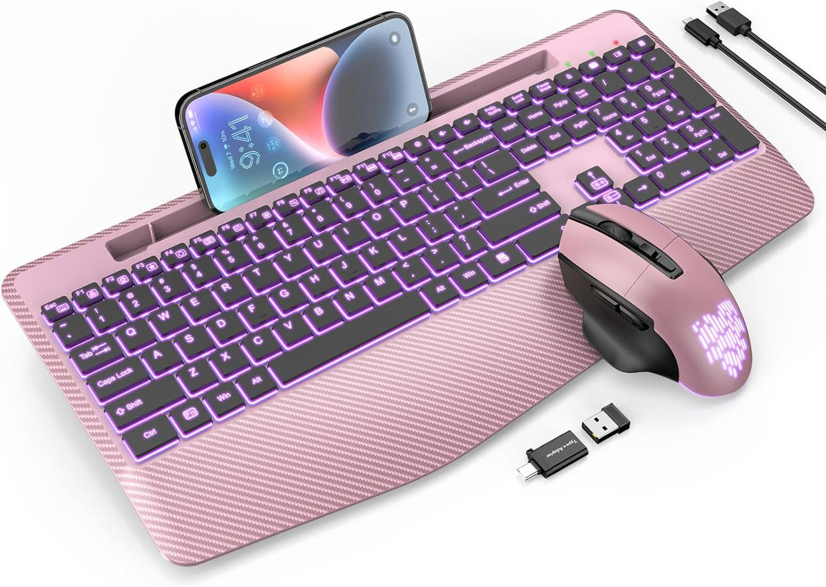 Teclado y Mouse Inalámbricos con Retroiluminación, Reposamuñecas, M...