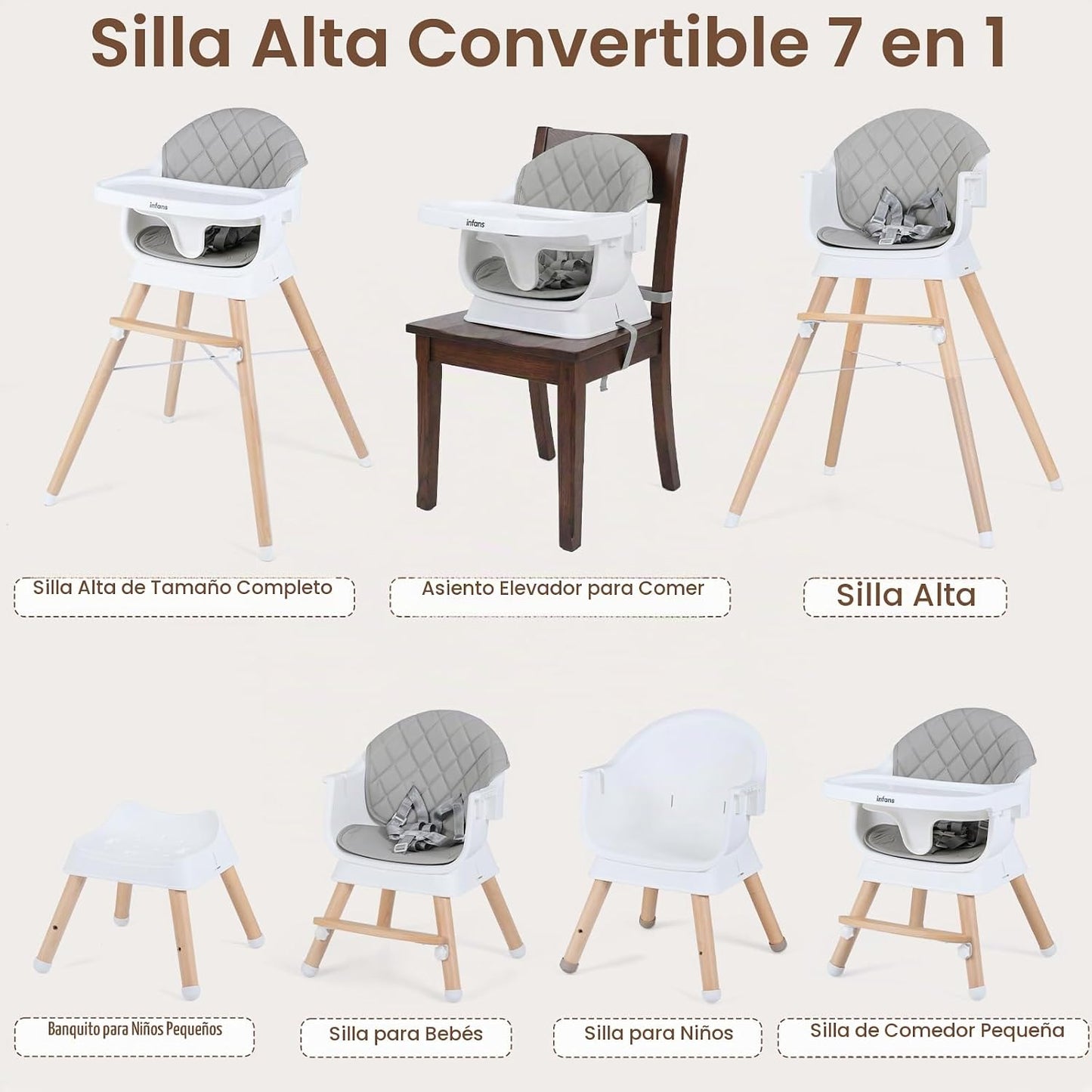 INFANS Silla alta para bebé, silla alta convertible de madera 6 en...